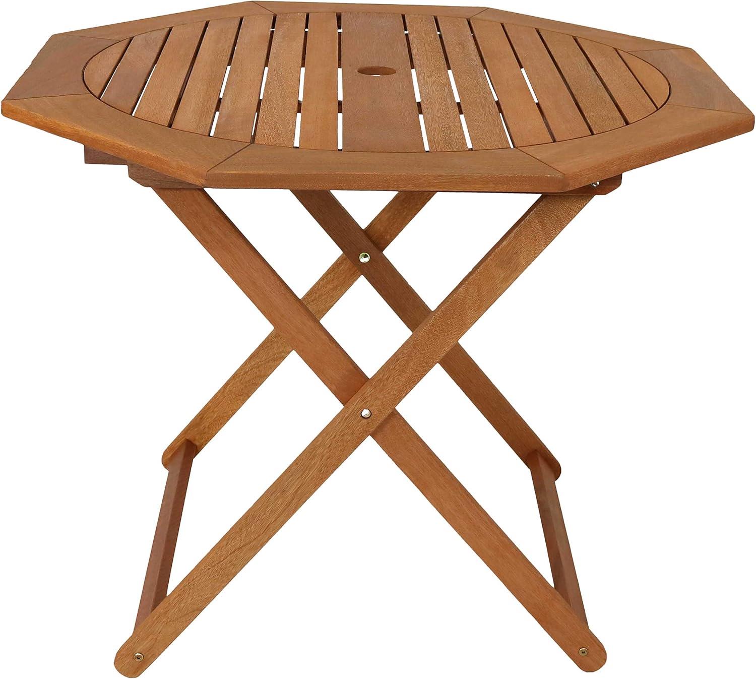 imageSunnydaze Folding Meranti Wood Outdoor Dining Table with Umbrella Hole Foldable Teak Patio Table Teak Oil Finish Octagon