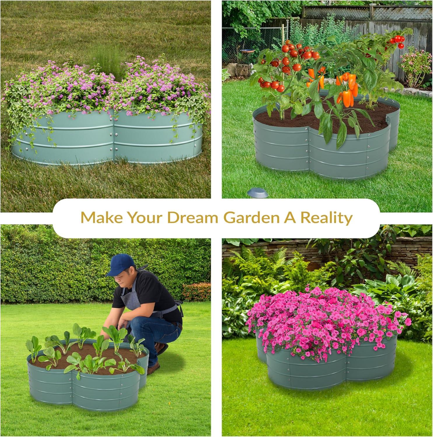 imageSunnydaze Galvanized Raised Garden Bed Metal Raised Bed for Gardening Outdoor Planter Box for Flowers Plants and Vegetables Green 12 H Clover