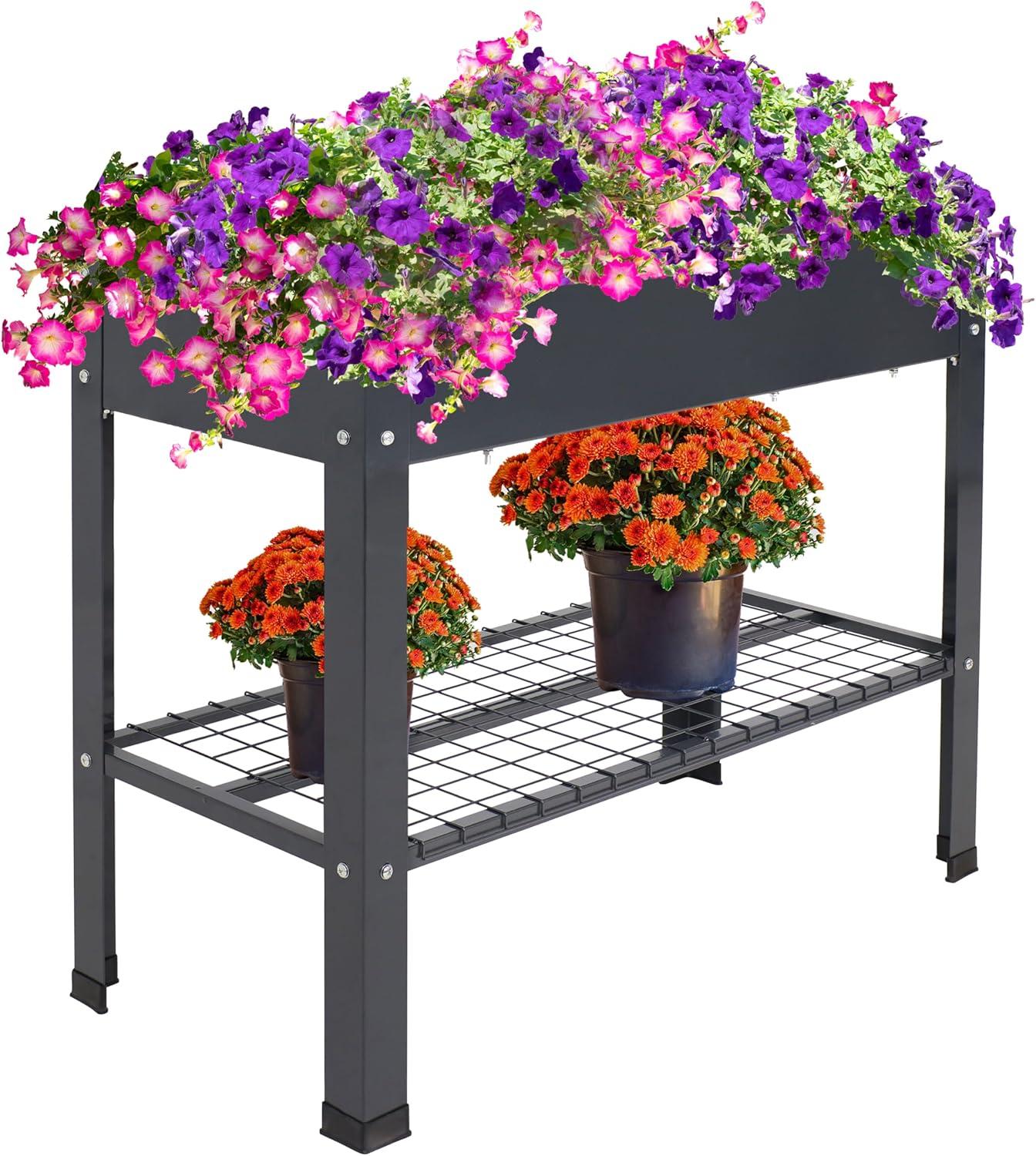imageSunnydaze Galvanized Steel Raised Garden Bed Set of 2 Elevated Planter Boxes Individual or Connected Use Features Lower Storage Shelf Dark GrayDark Gray