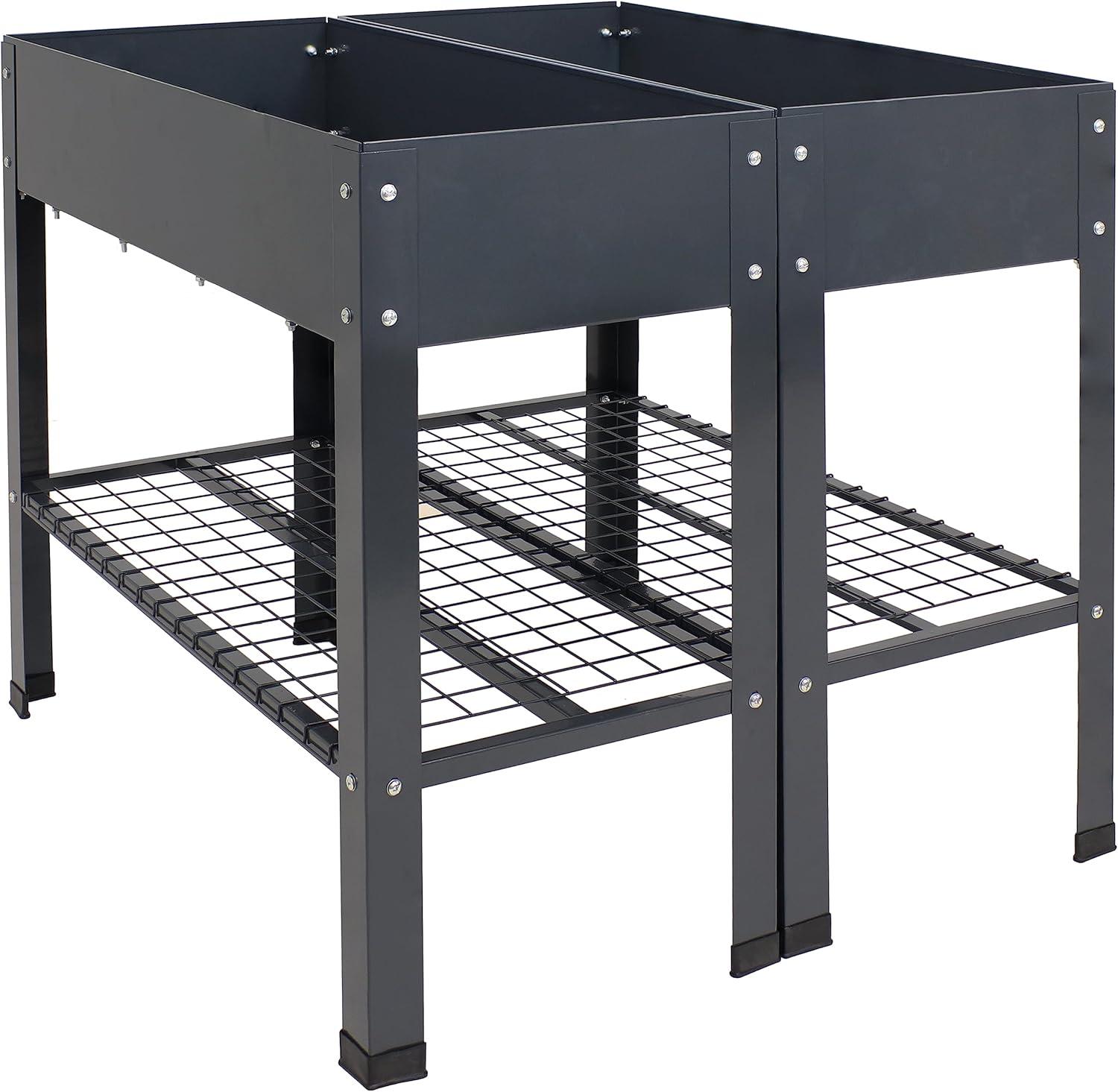 imageSunnydaze Galvanized Steel Raised Garden Bed Set of 2 Elevated Planter Boxes Individual or Connected Use Features Lower Storage Shelf Dark GrayDark Gray