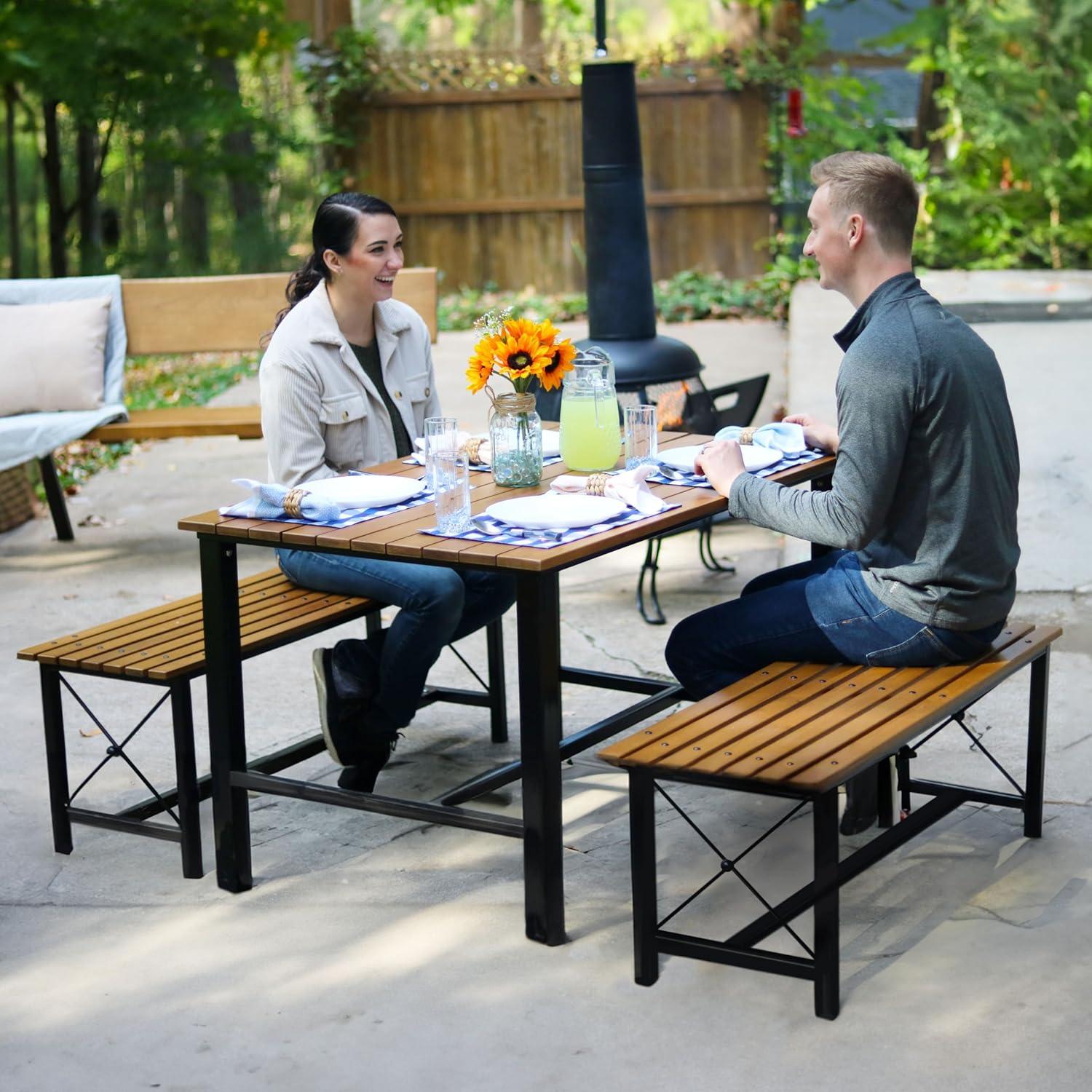imageSunnydaze Indoor or Outdoor 3Piece Dining Table Set European Chestnut Patio Dining Table with Benches 4725Inch x 1525Inch