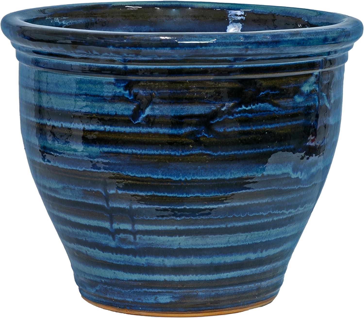 imageSunnydaze Large Ceramic Plant Pot Round Outdoor Glazed Ceramic Planter Pot with Drainage Studio Imperial Blue 185quotGalaxy Blue