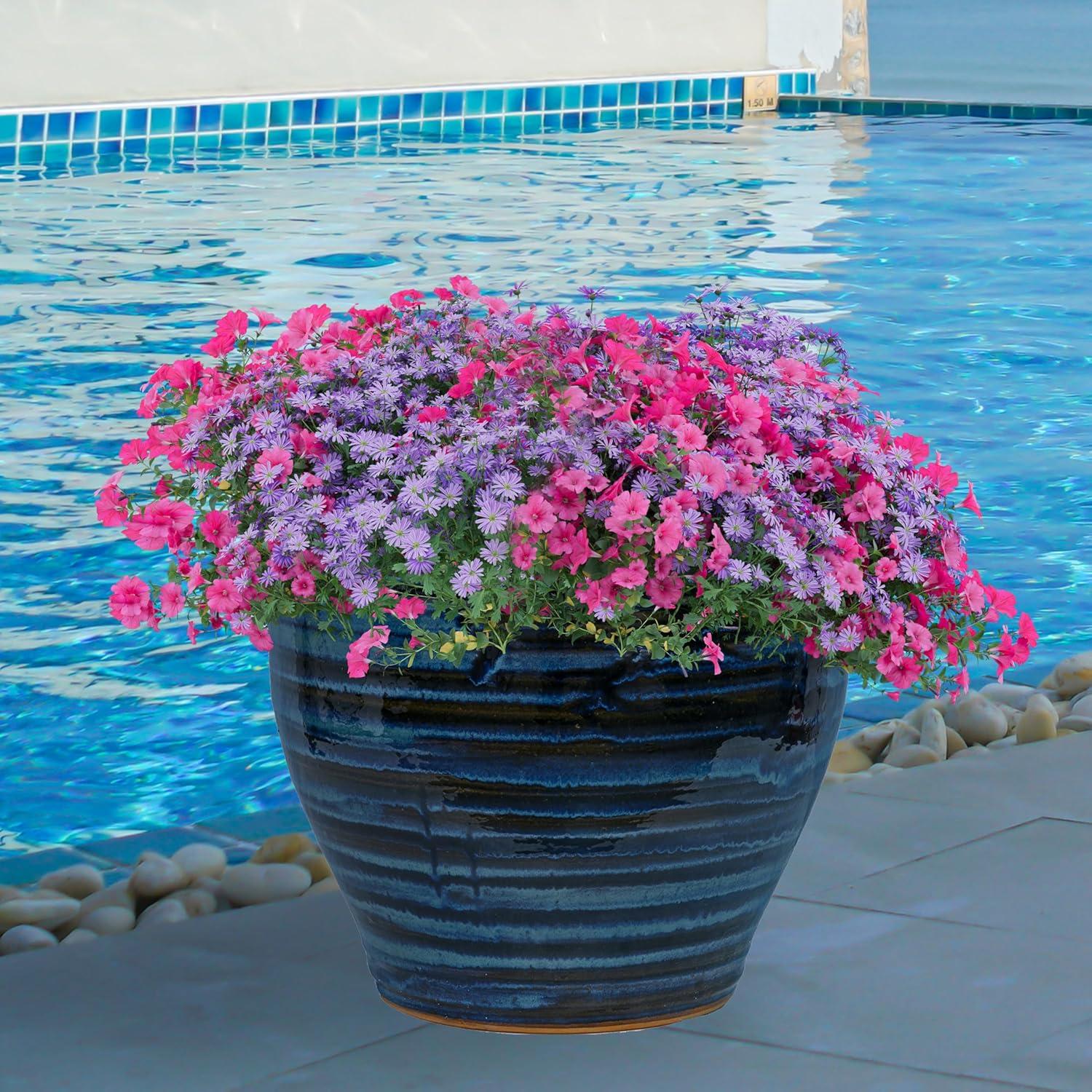 imageSunnydaze Large Ceramic Plant Pot Round Outdoor Glazed Ceramic Planter Pot with Drainage Studio Imperial Blue 185quotGalaxy Blue