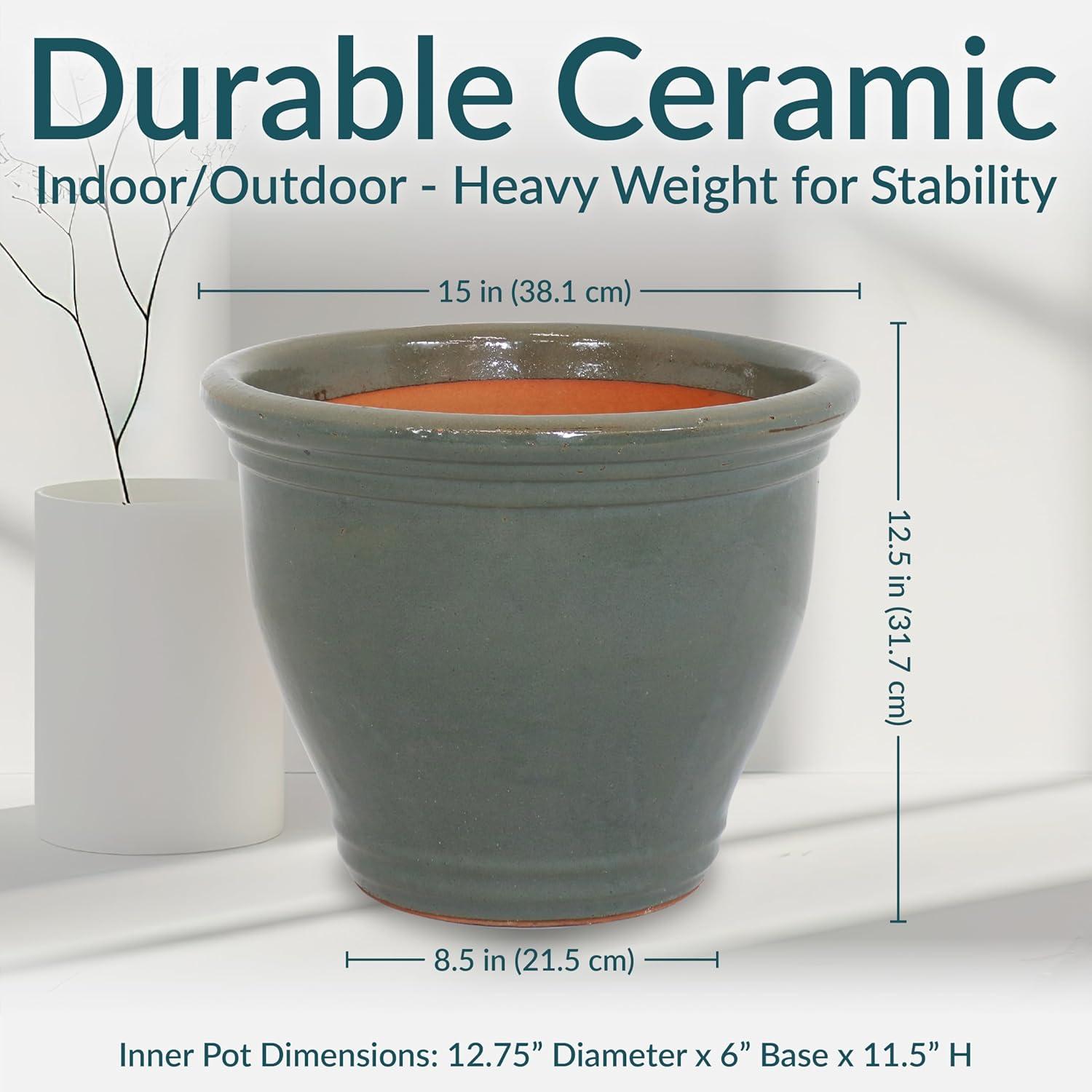 imageSunnydaze Large Ceramic Plant Pot Round Outdoor Glazed Ceramic Planter Pot with Drainage Studio Imperial Blue 185quotGray