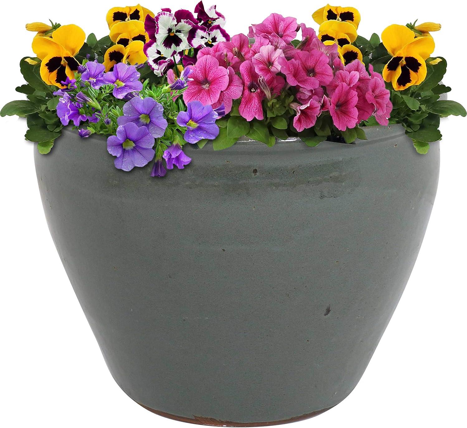 imageSunnydaze Large Ceramic Plant Pot Round Outdoor Glazed Ceramic Planter Pot with Drainage Studio Imperial Blue 185quotGray