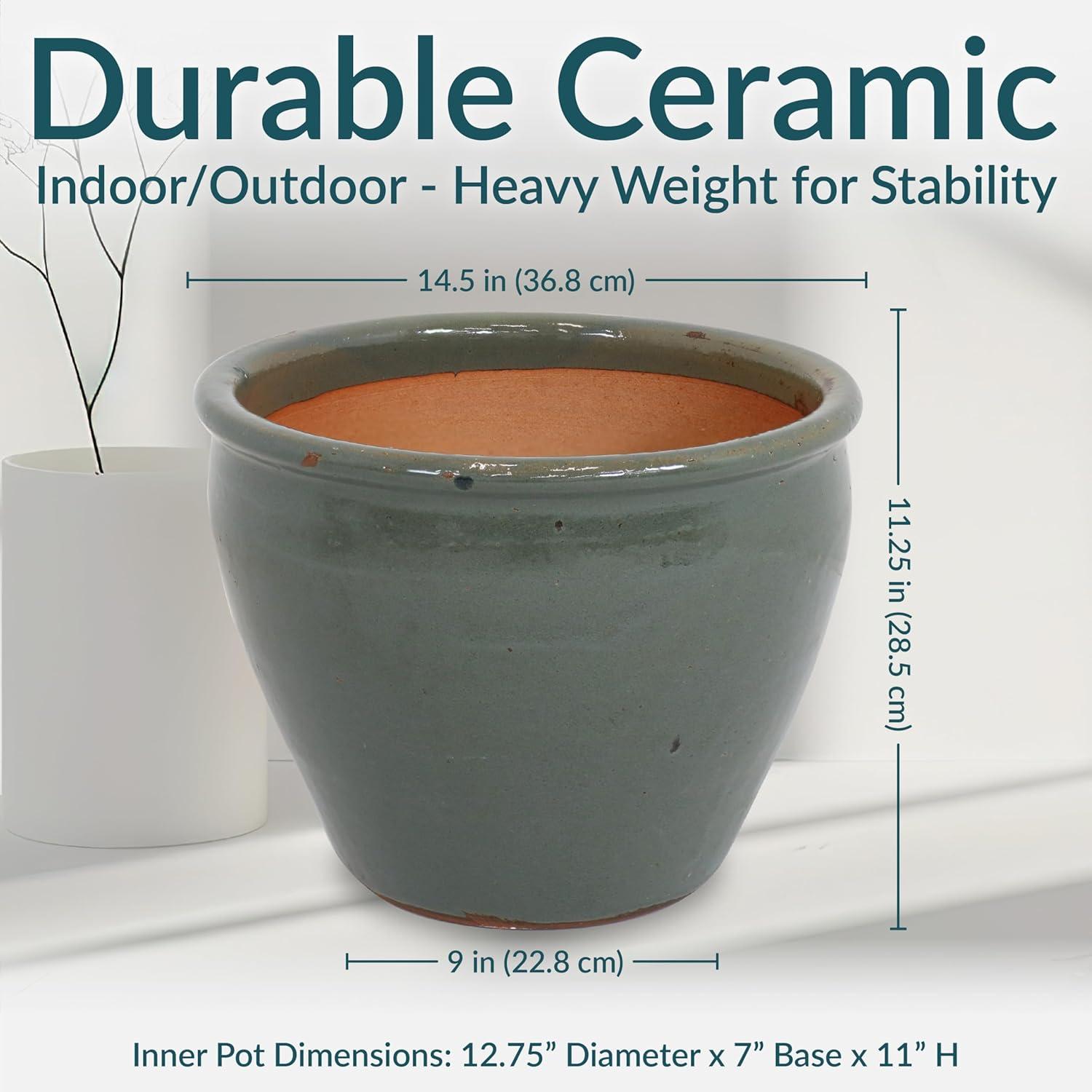 imageSunnydaze Large Ceramic Plant Pot Round Outdoor Glazed Ceramic Planter Pot with Drainage Studio Imperial Blue 185quotGray