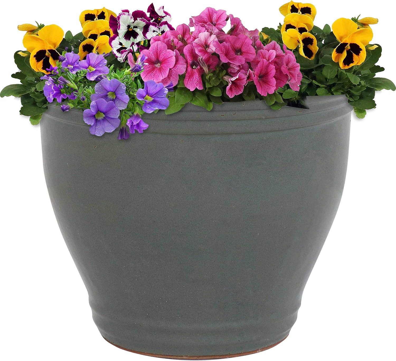imageSunnydaze Large Ceramic Plant Pot Round Outdoor Glazed Ceramic Planter Pot with Drainage Studio Imperial Blue 185quotGray