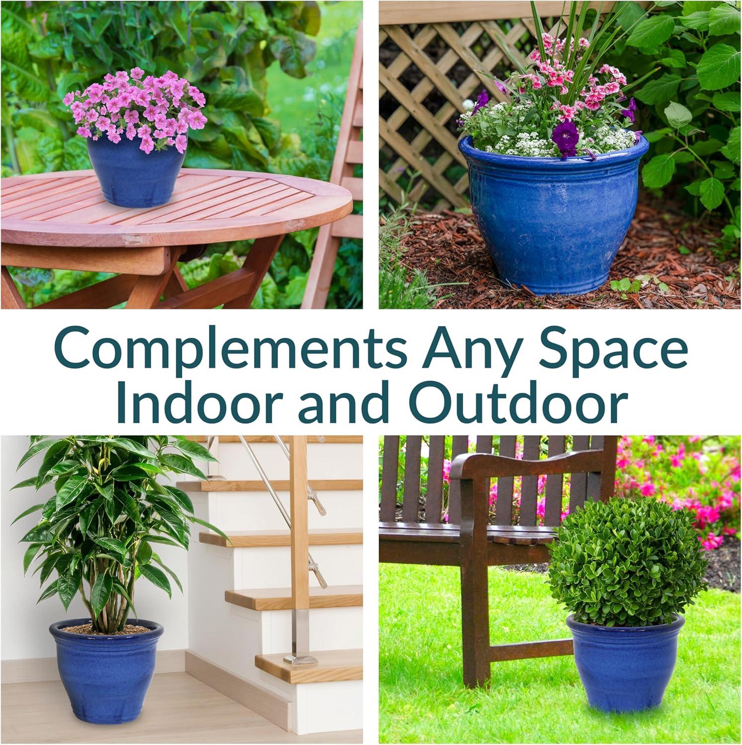 imageSunnydaze Large Ceramic Plant Pot Round Outdoor Glazed Ceramic Planter Pot with Drainage Studio Imperial Blue 185quotImperial Blue