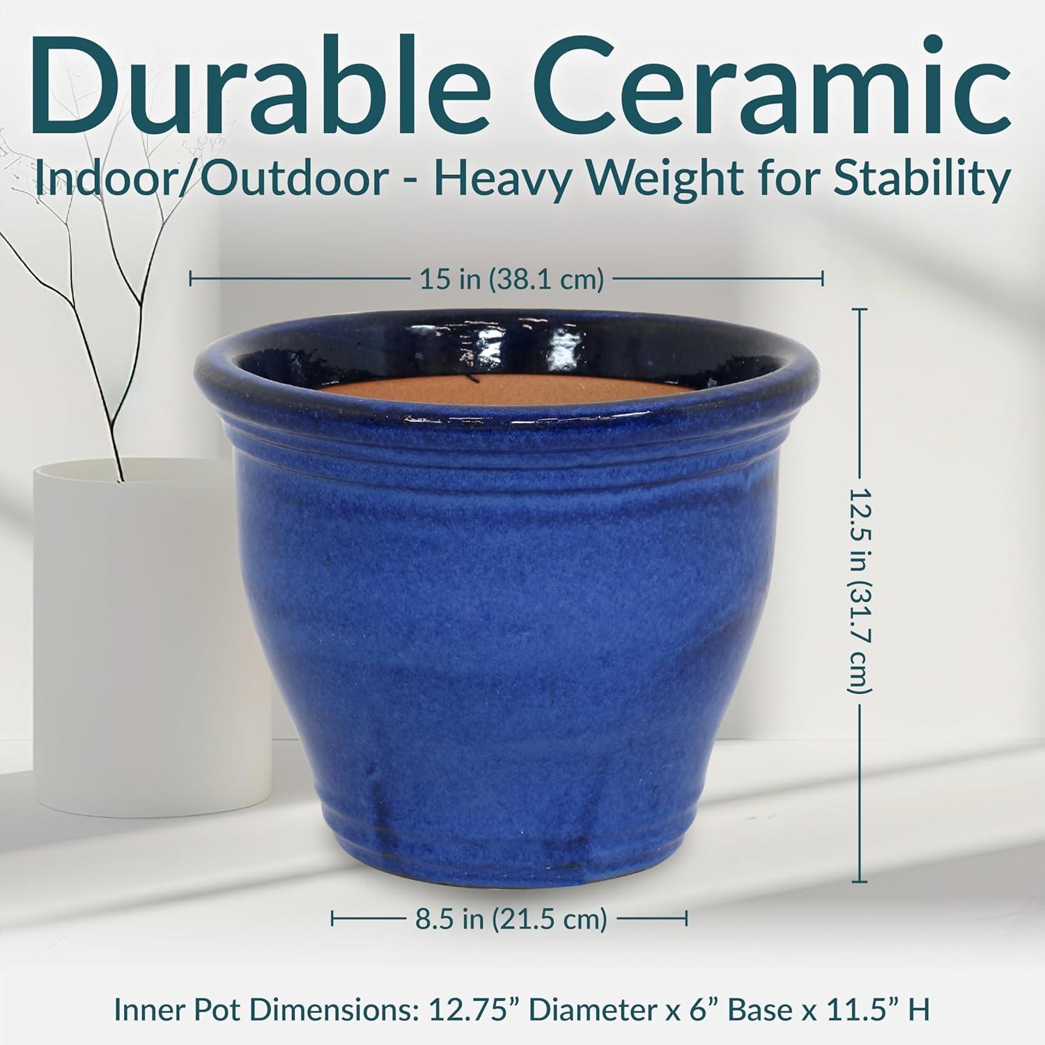 imageSunnydaze Large Ceramic Plant Pot Round Outdoor Glazed Ceramic Planter Pot with Drainage Studio Imperial Blue 185quotImperial Blue