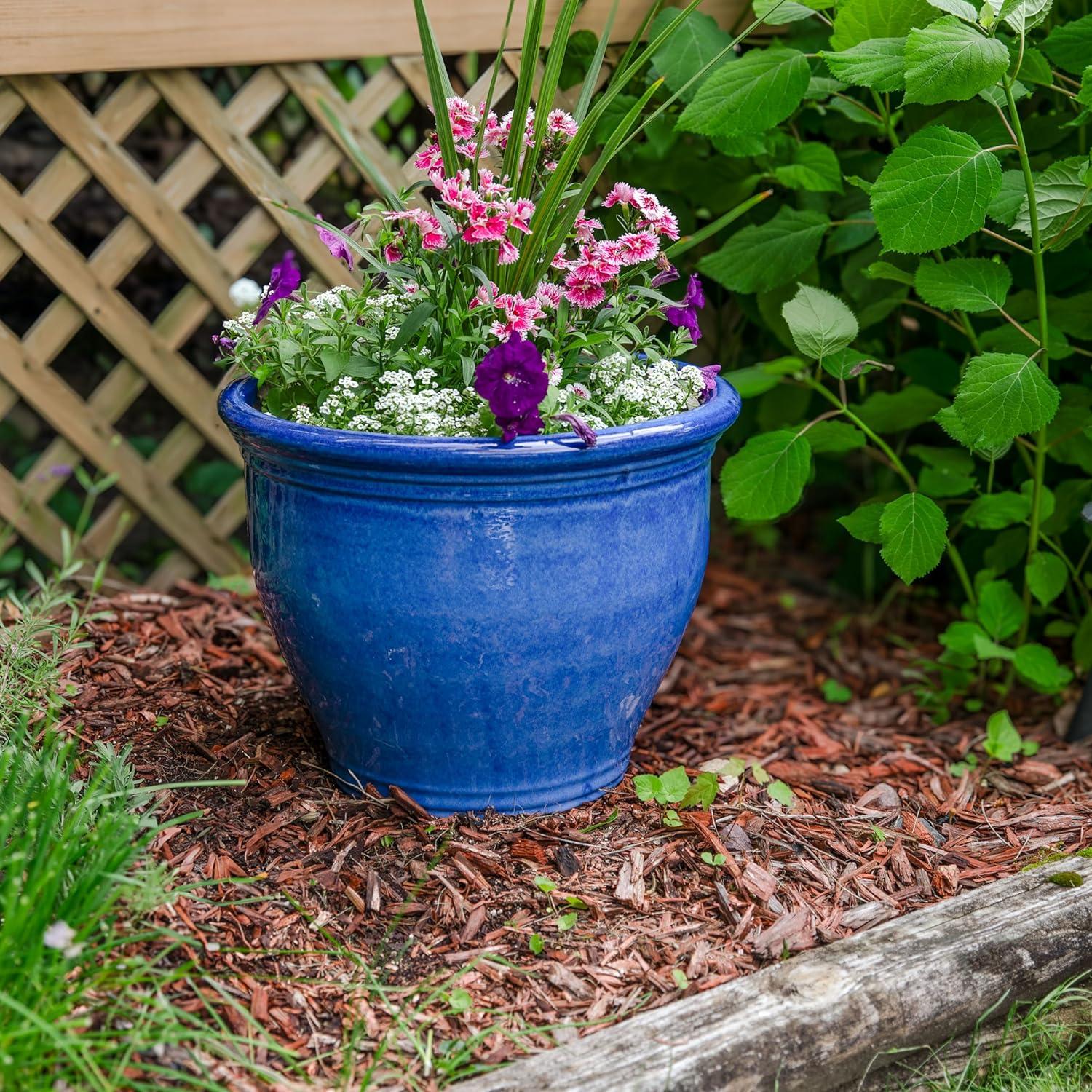 imageSunnydaze Large Ceramic Plant Pot Round Outdoor Glazed Ceramic Planter Pot with Drainage Studio Imperial Blue 185quotImperial Blue