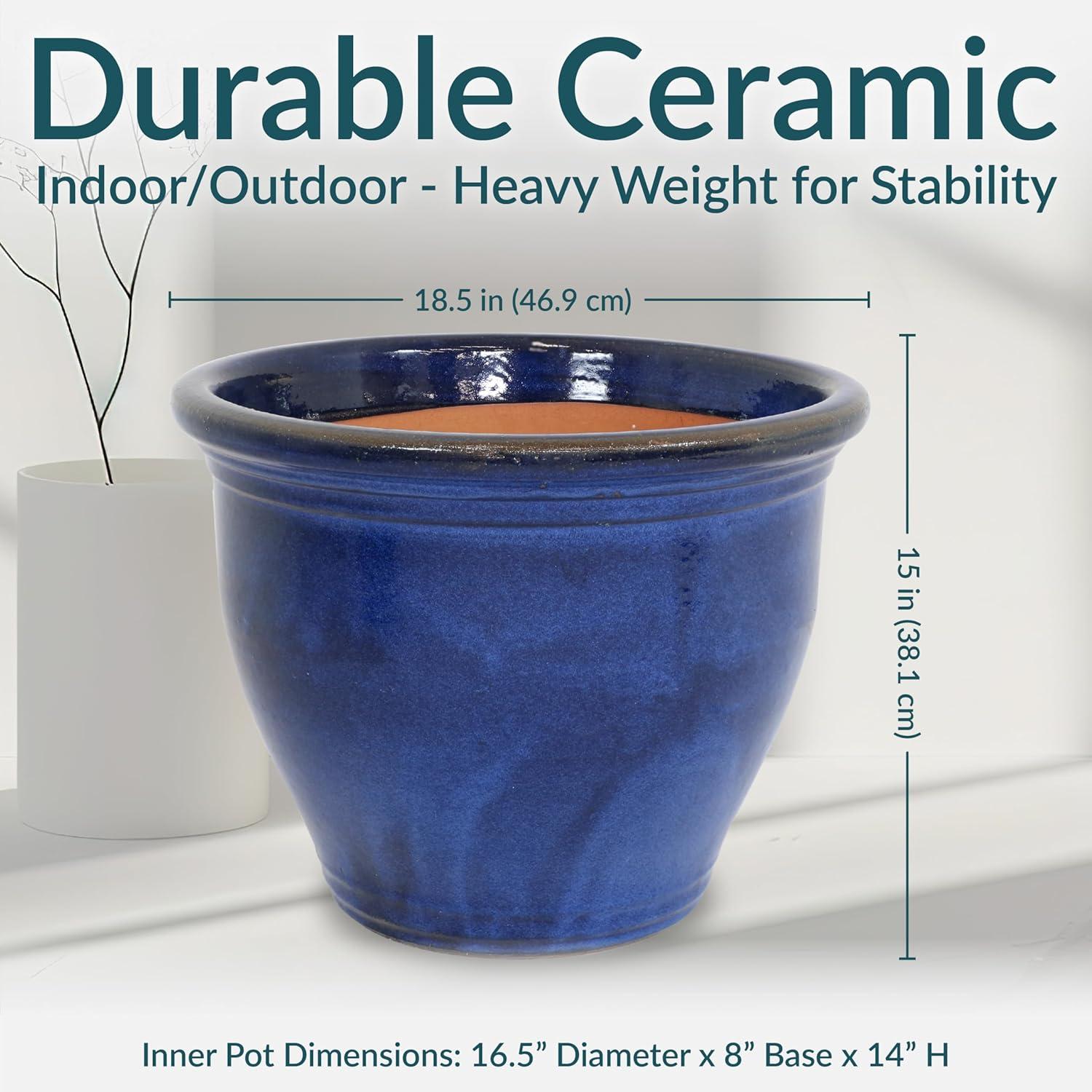imageSunnydaze Large Ceramic Plant Pot Round Outdoor Glazed Ceramic Planter Pot with Drainage Studio Imperial Blue 185quotImperial Blue