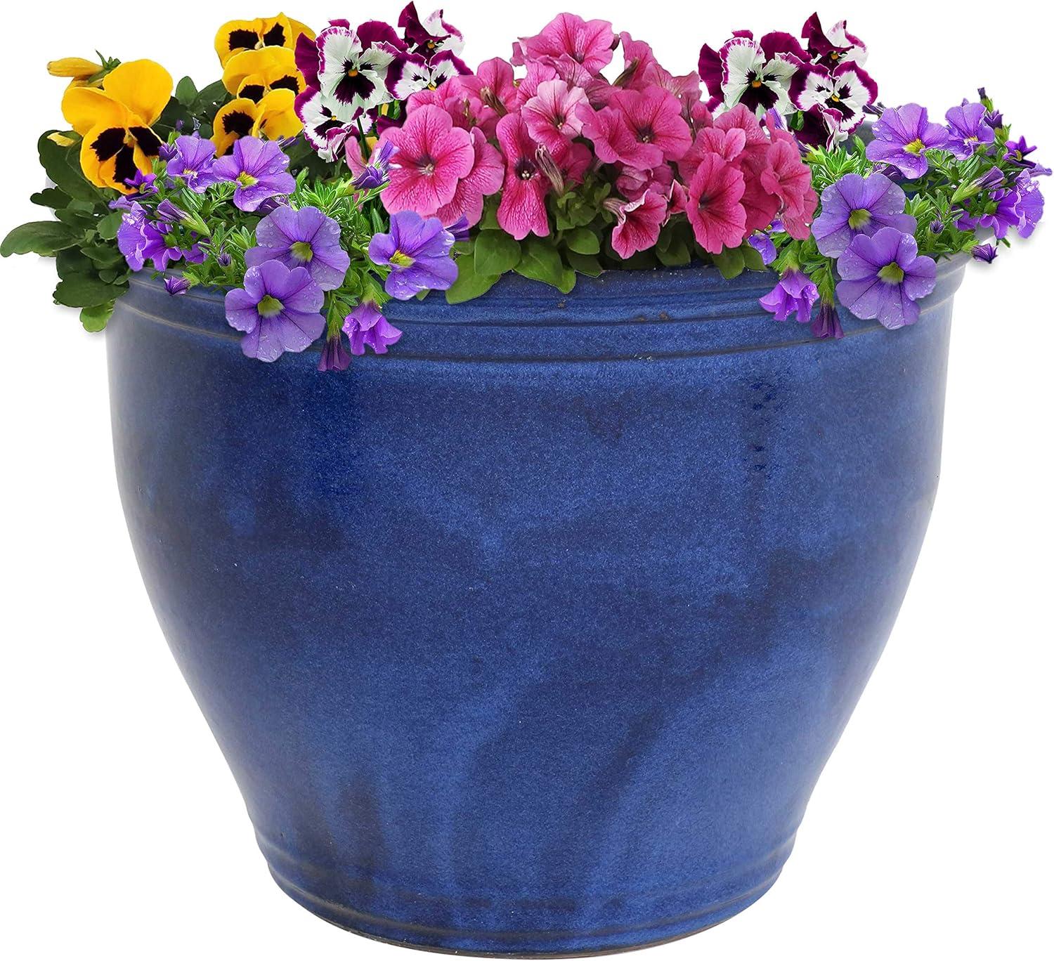 imageSunnydaze Large Ceramic Plant Pot Round Outdoor Glazed Ceramic Planter Pot with Drainage Studio Imperial Blue 185quotImperial Blue