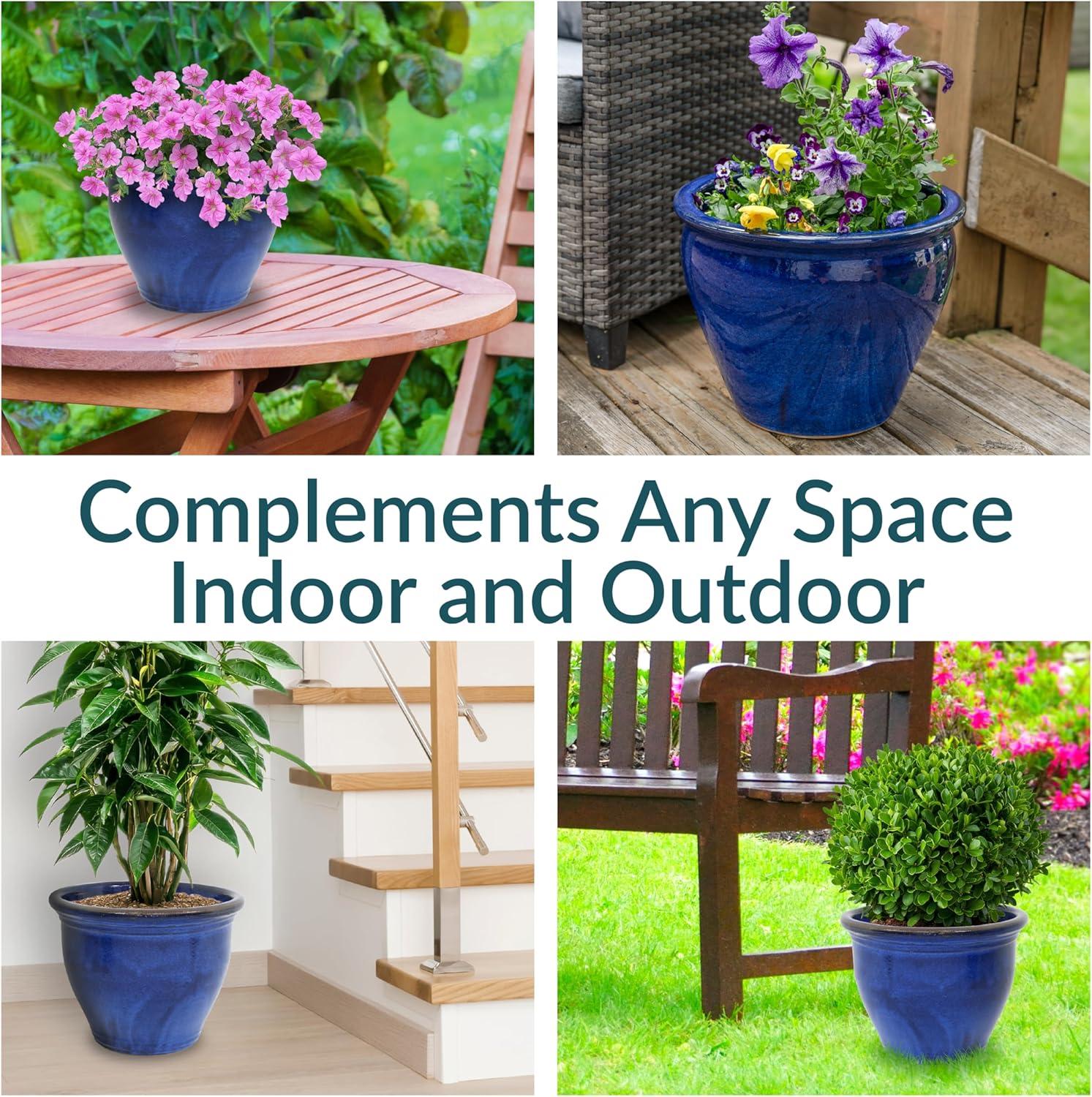 imageSunnydaze Large Ceramic Plant Pot Round Outdoor Glazed Ceramic Planter Pot with Drainage Studio Imperial Blue 185quotImperial Blue