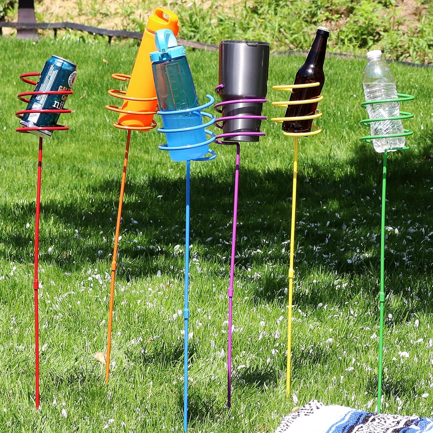 imageSunnydaze Outdoor Cup Holders for Yard HeavyDuty Outdoor Drink Holder Stakes Set of 6 MulticoloredRainbow