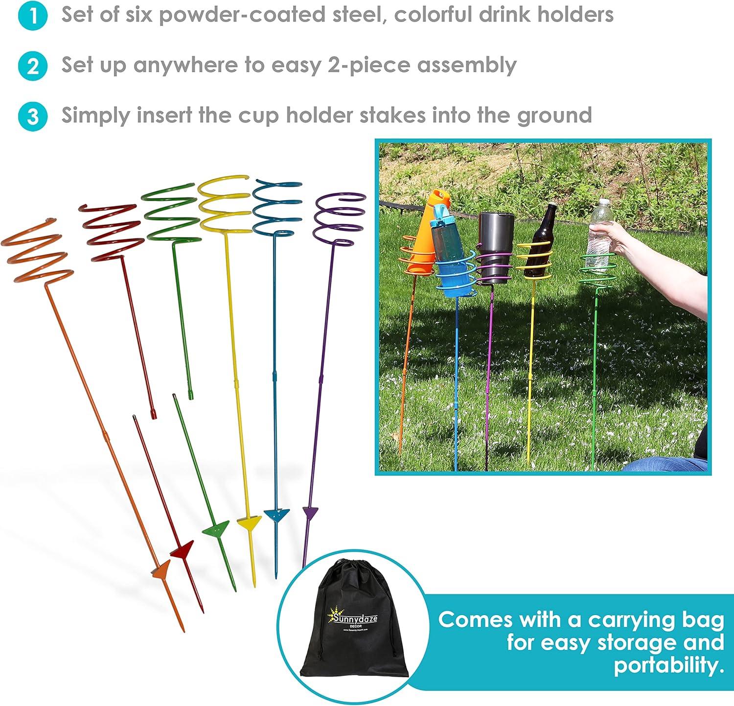 imageSunnydaze Outdoor Cup Holders for Yard HeavyDuty Outdoor Drink Holder Stakes Set of 6 MulticoloredRainbow