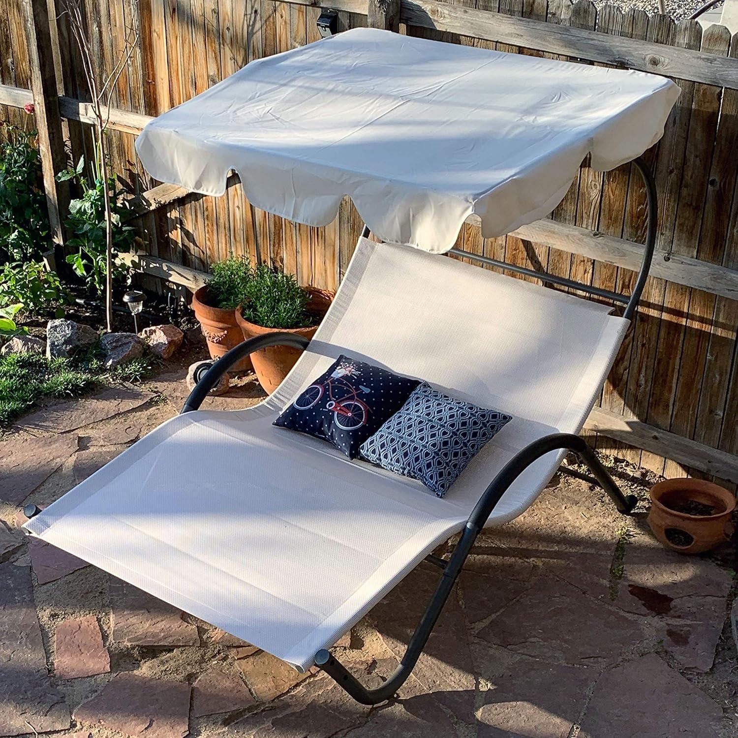 imageSunnydaze Outdoor Double Chaise Lounge with Canopy Shade and Headrest Pillows Beige Fabric with Black PowderCoated Frame