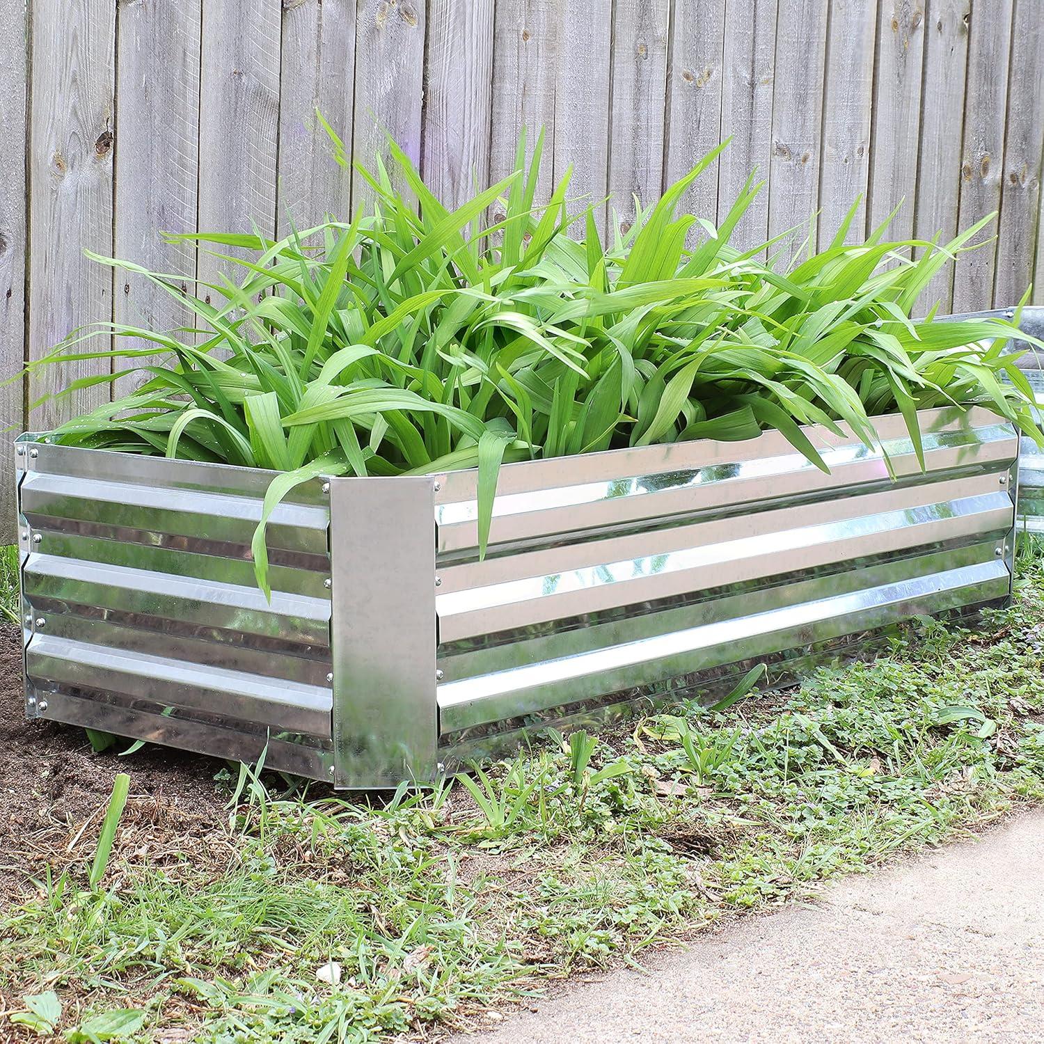 imageSunnydaze Raised Corrugated Galvanized Steel Metal Garden Beds Bundle 48Inch x 1175Inch Rectangle Planter and 24Inch x 1175Inch Square Planters for Plants Vegetables and Flowers Silver