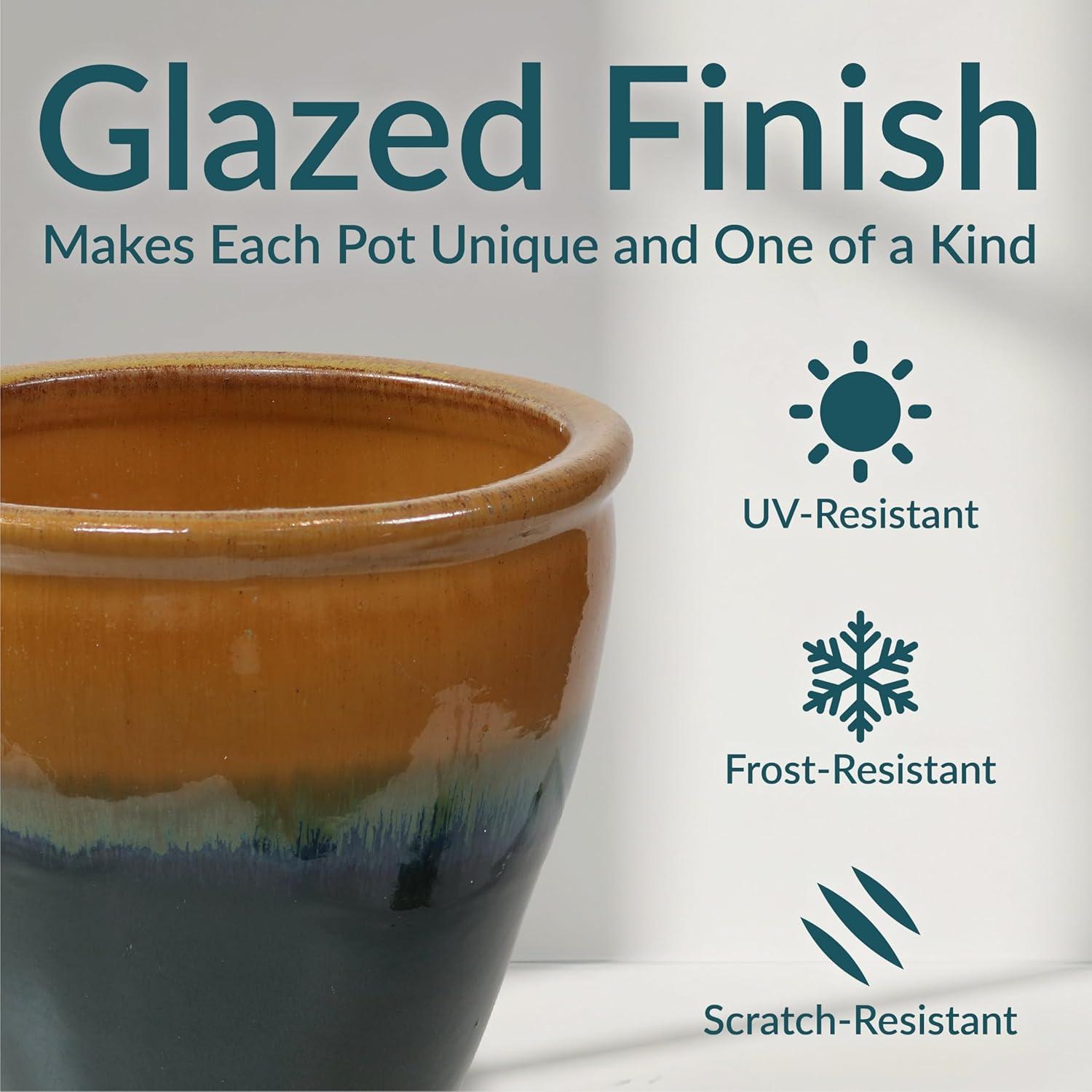 imageSunnydaze Round Ceramic Planter Set of 2 Indoor or Outdoor Plant Pots with Drainage Hole Chalet 12quot Imperial Blue GlazeForest Lake Green