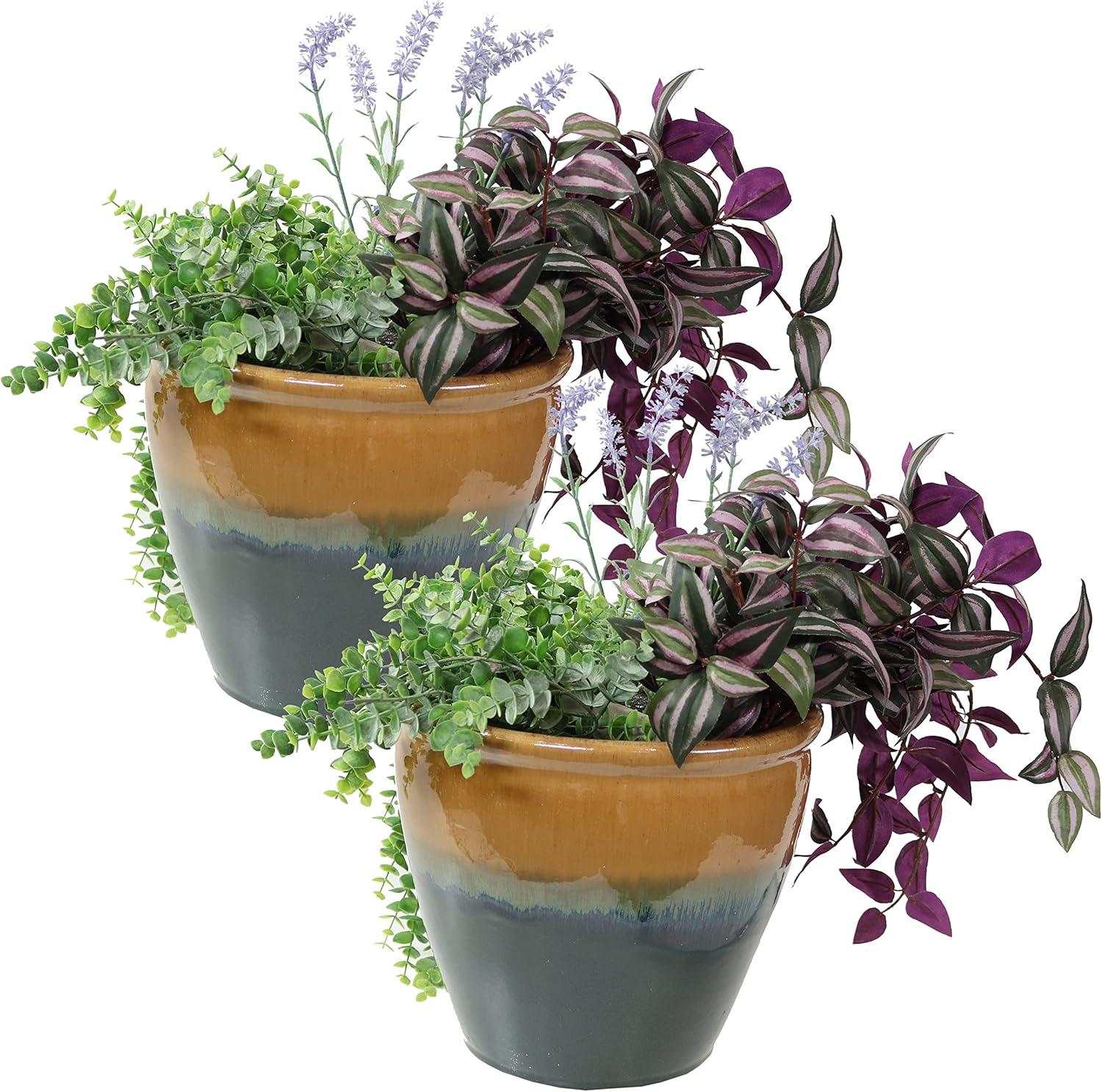 imageSunnydaze Round Ceramic Planter Set of 2 Indoor or Outdoor Plant Pots with Drainage Hole Chalet 12quot Imperial Blue GlazeForest Lake Green