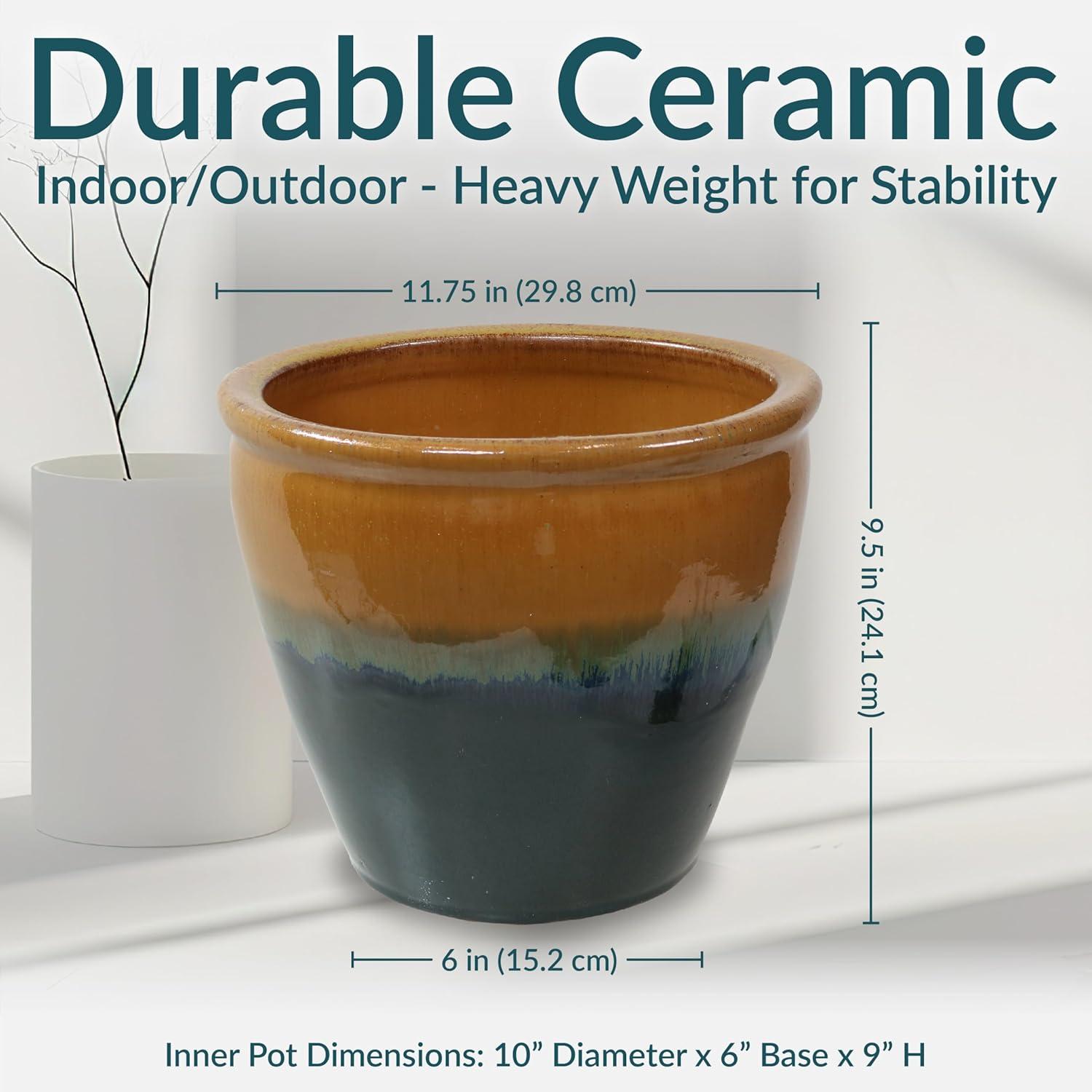 imageSunnydaze Round Ceramic Planter Set of 2 Indoor or Outdoor Plant Pots with Drainage Hole Chalet 12quot Imperial Blue GlazeForest Lake Green