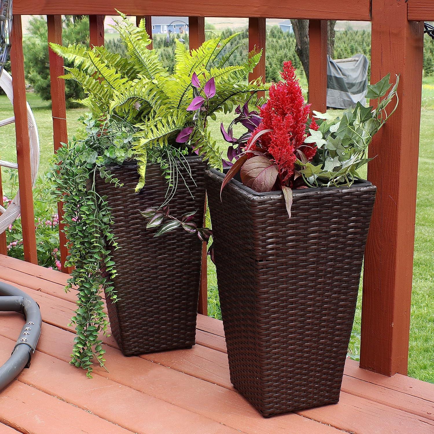 imageSunnydaze Set of 2 Square Tall Wicker Planters Polyrattan Rectangular Large Plastic planters for Outdoor Plants 24Inches Tall Brown20 in