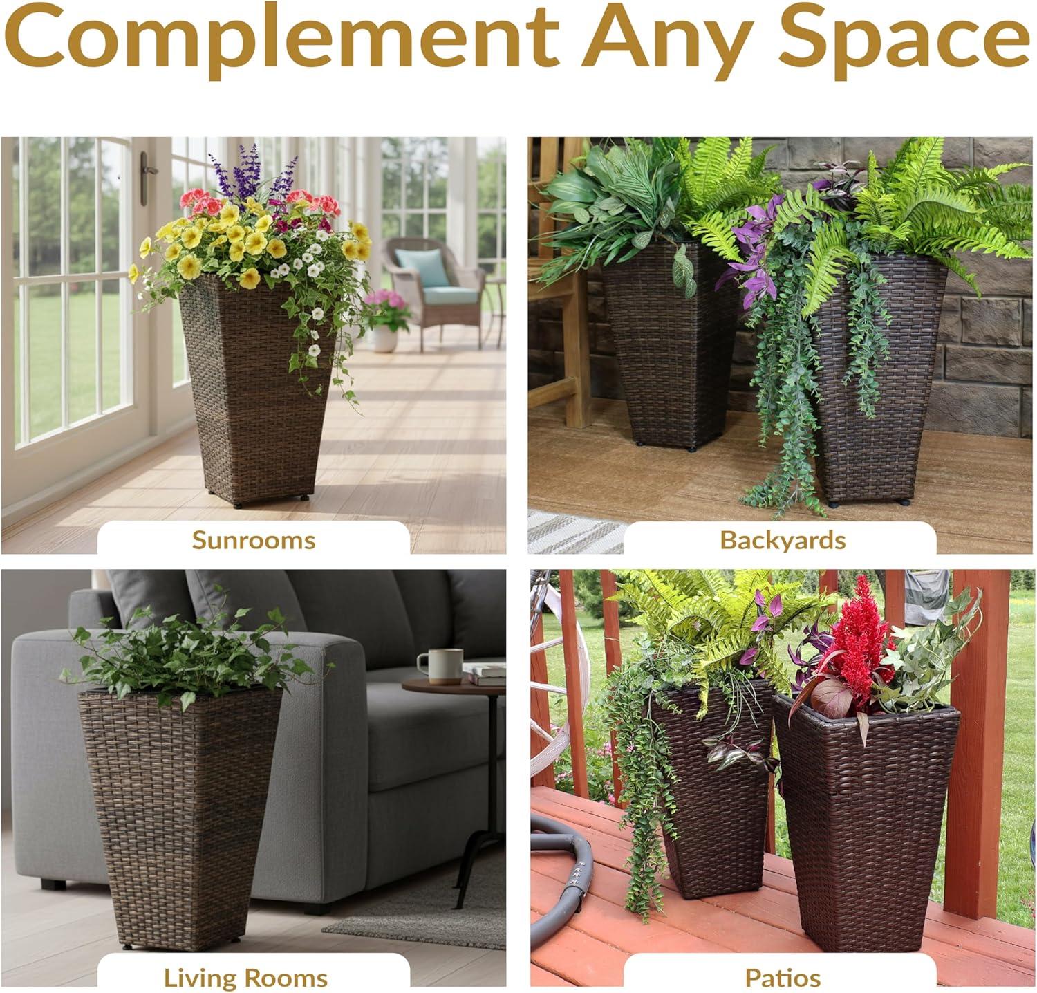 imageSunnydaze Set of 2 Square Tall Wicker Planters Polyrattan Rectangular Large Plastic planters for Outdoor Plants 24Inches Tall Brown20 in