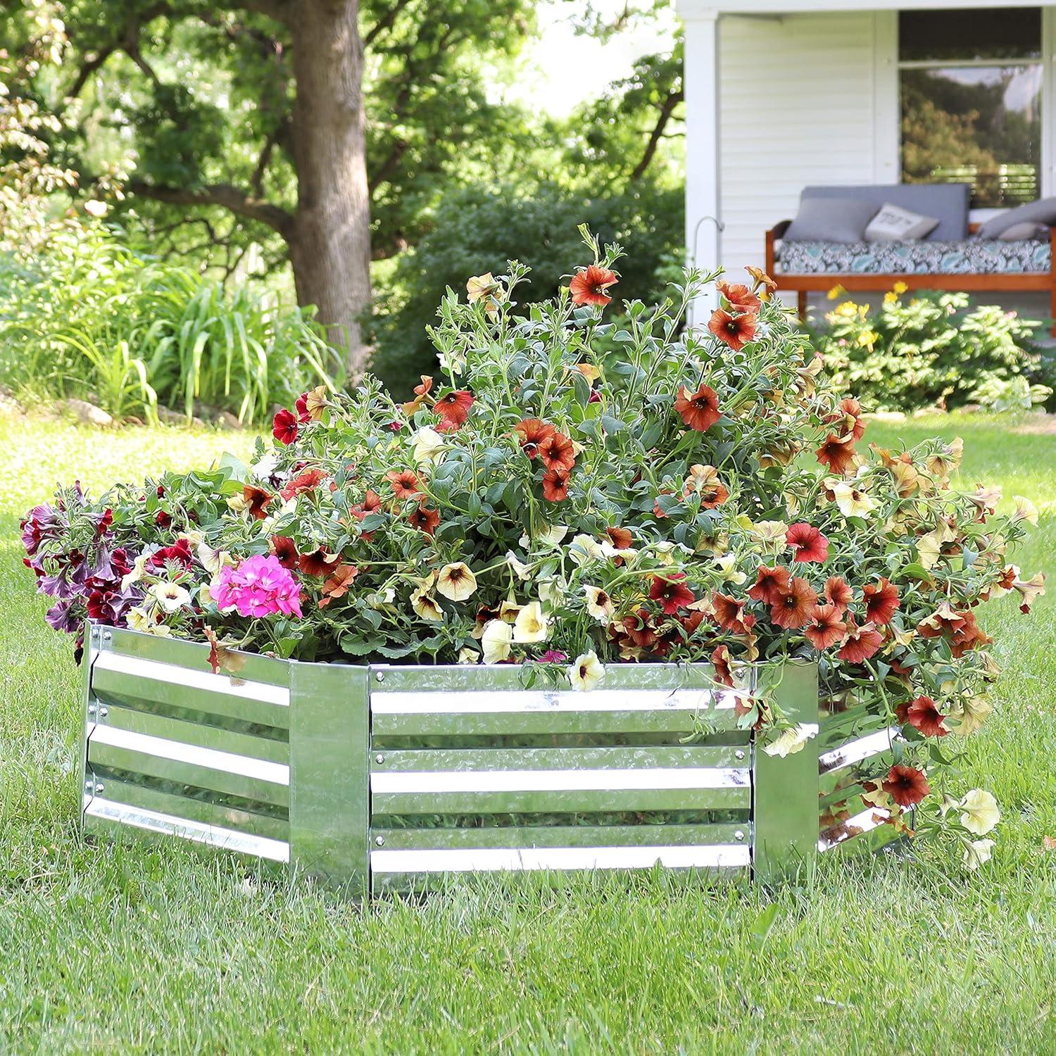 imageSunnydaze Silver Corrugated Galvanized Steel 24quot x 1175quot Square Planter and 405quot x 1175quot Hexagon Raised Garden Beds for Vegetables Plants and Flowers