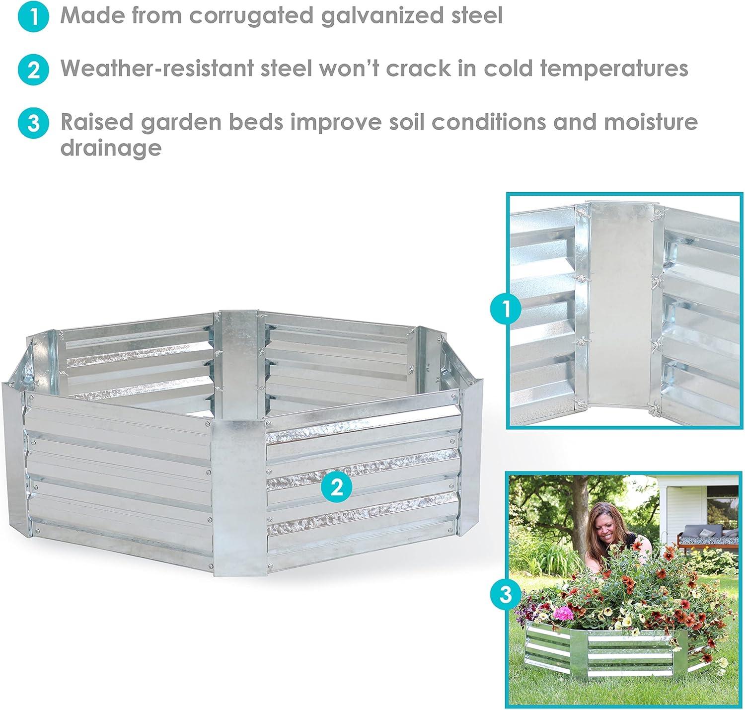 imageSunnydaze Silver Corrugated Galvanized Steel 24quot x 1175quot Square Planter and 405quot x 1175quot Hexagon Raised Garden Beds for Vegetables Plants and Flowers