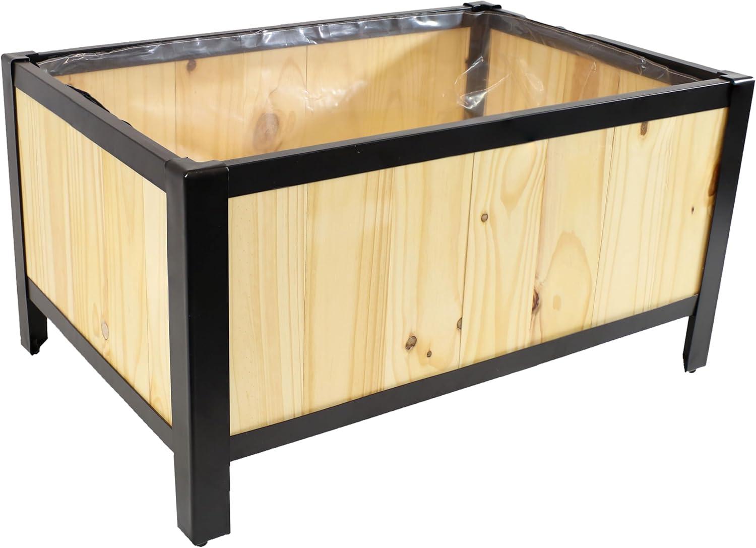 imageSunnydaze SteelFramed Acacia Wood Rectangular Planter Box 155quot H Wooden Raised Garden Bed with Removable Planter Bag NaturalNatural