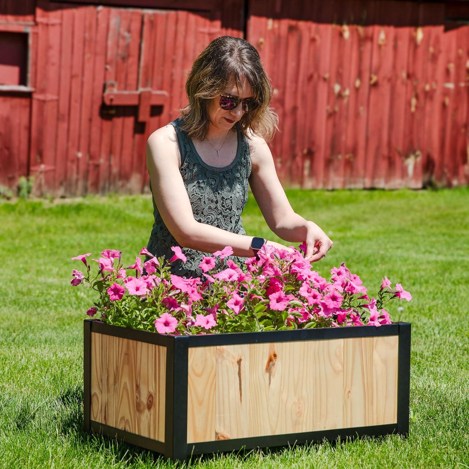 imageSunnydaze SteelFramed Acacia Wood Rectangular Planter Box 155quot H Wooden Raised Garden Bed with Removable Planter Bag NaturalNatural