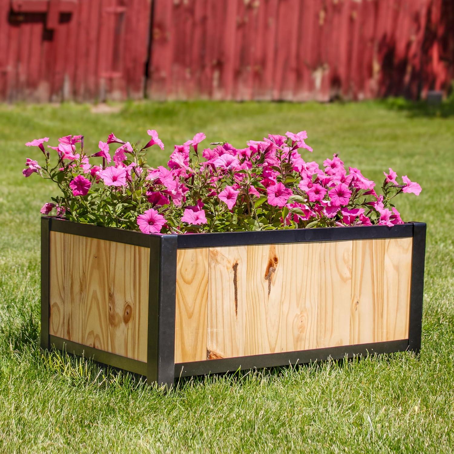 imageSunnydaze SteelFramed Acacia Wood Rectangular Planter Box 155quot H Wooden Raised Garden Bed with Removable Planter Bag NaturalNatural