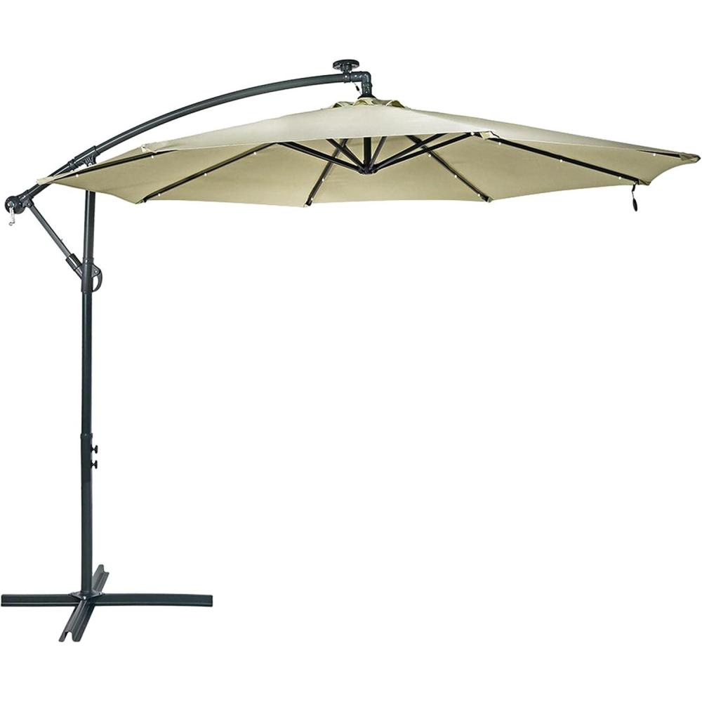 imageSunnydaze 10 Solar Offset Patio Umbrella Solar Cantilever Umbrella Outdoor with LED Lights Polyester Shade Air Vent ampamp Cross BaseBeige