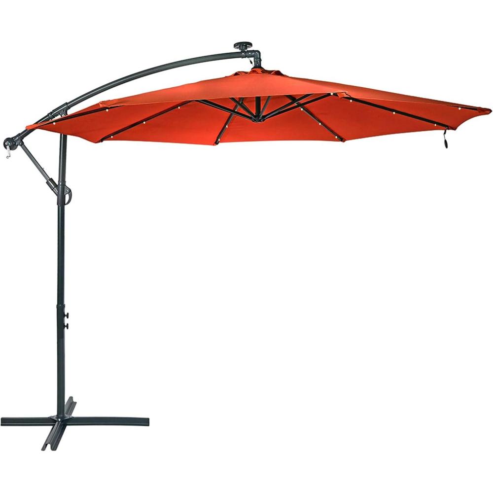 imageSunnydaze 10 Solar Offset Patio Umbrella Solar Cantilever Umbrella Outdoor with LED Lights Polyester Shade Air Vent ampamp Cross BaseBurnt Orange