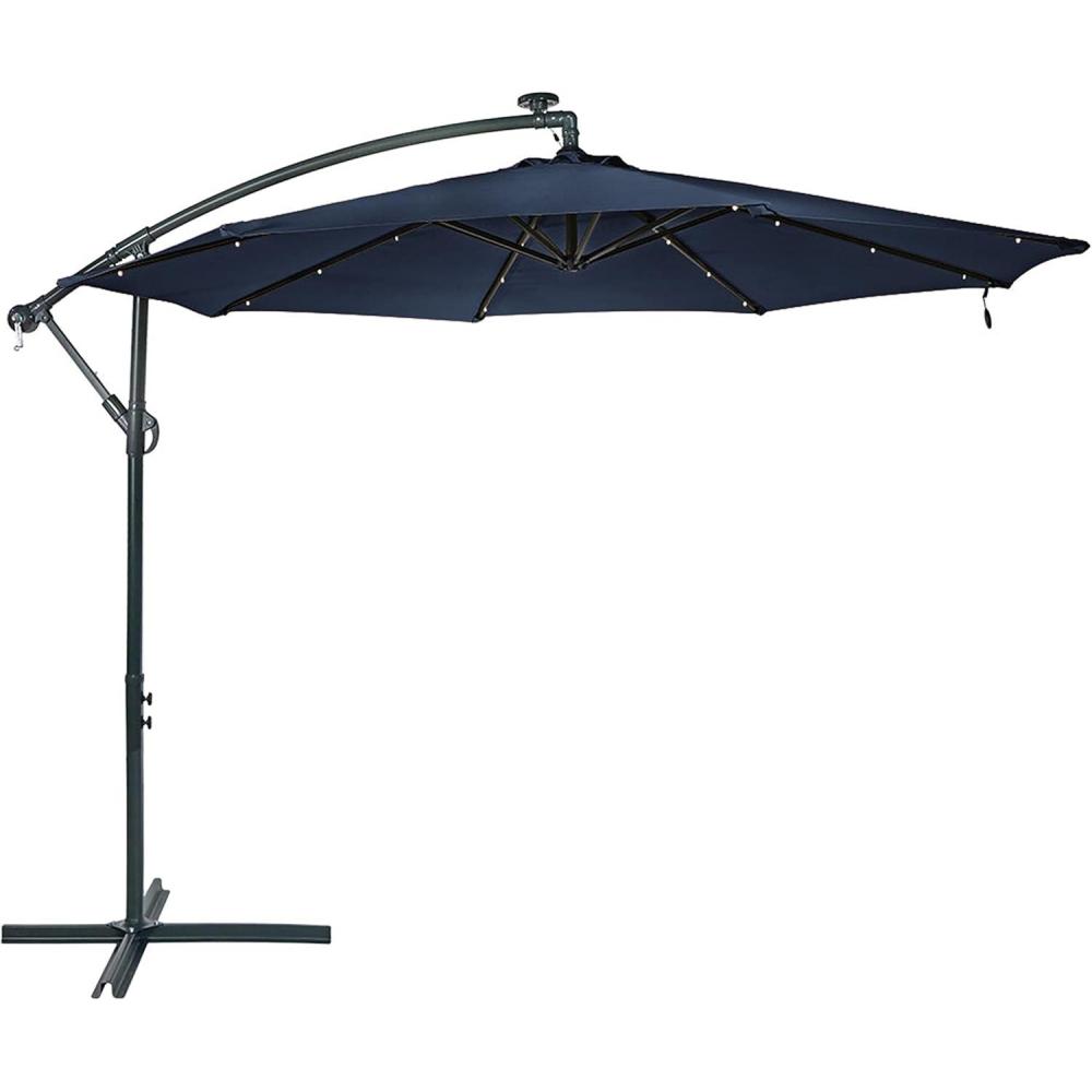 imageSunnydaze 10 Solar Offset Patio Umbrella Solar Cantilever Umbrella Outdoor with LED Lights Polyester Shade Air Vent ampamp Cross BaseNavy Blue