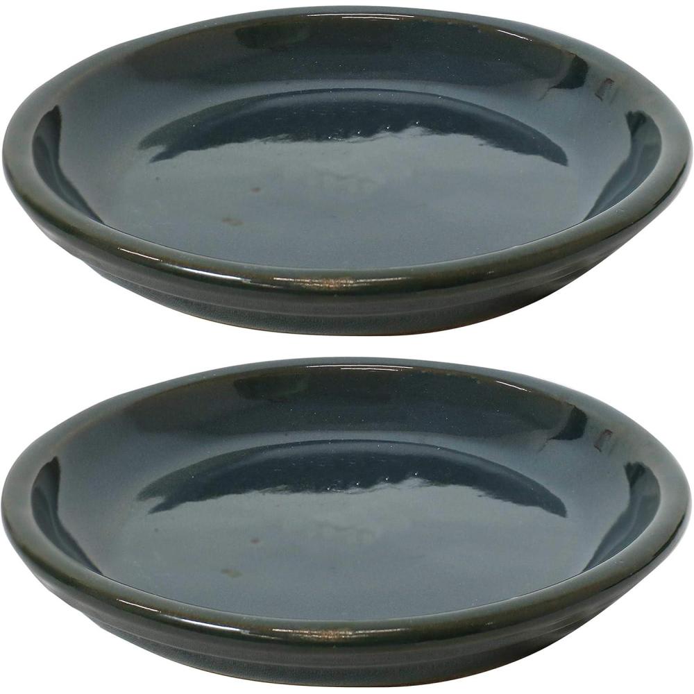 imageSunnydaze 12Inch Ceramic Plant Saucers Plant Drip Trays for Outdoor Planter Flower Pot Drainage Set of 2 Imperial BlueForest Lake Green