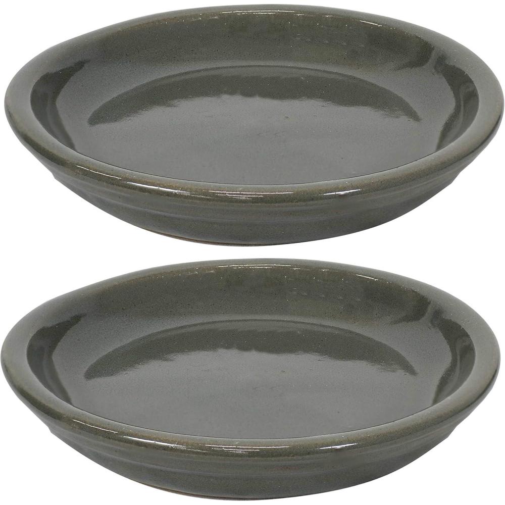 imageSunnydaze 12Inch Ceramic Plant Saucers  Plant Drip Trays for Outdoor Planter Flower Pot Drainage  Set of 2  Imperial BlueGray