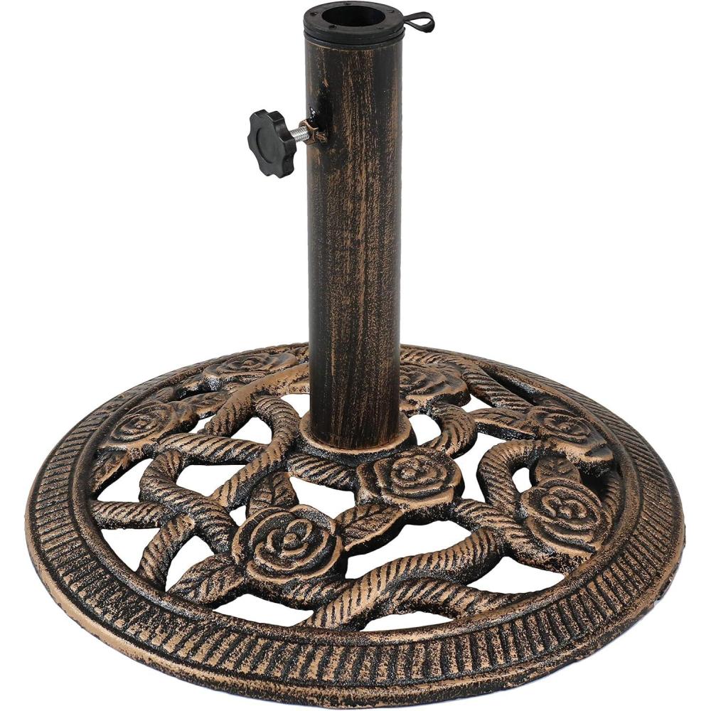 imageSunnydaze 17lb Cast Iron Patio Umbrella Base  HeavyDuty Square Metal Outdoor Market Umbrella Stand for Outside  17Inch  Black  Modern GeometricBronze