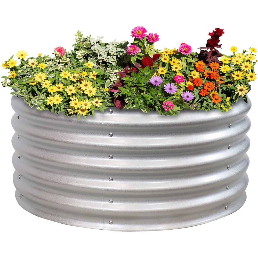 imageSunnydaze 355Inch Round Metal Raised Garden Bed  Galvalume Steel Garden Bed with Rubber Edge Trim  SilverSilver