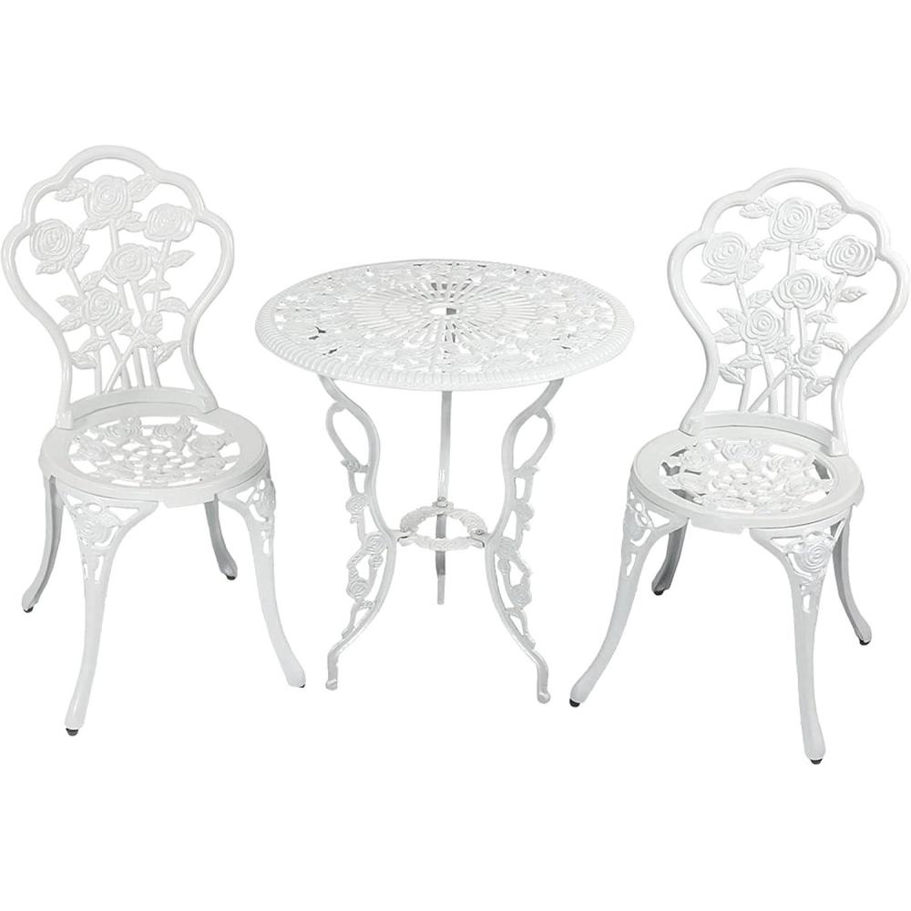imageSunnydaze 3Piece Flower Designed Bistro Table Set with 2 Chairs Outdoor Cast Aluminum WhiteWhite Floral