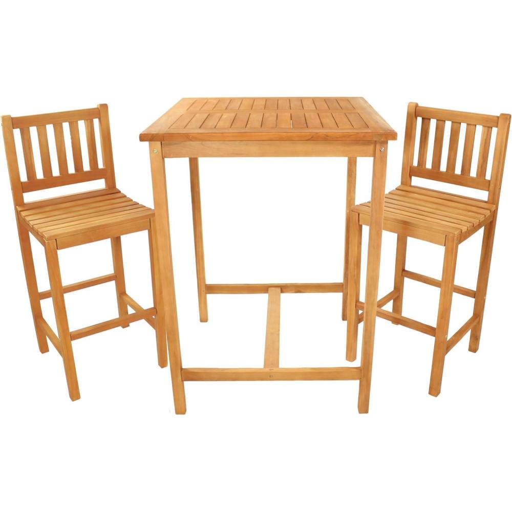 imageSunnydaze 3Piece Teak Wood BarHeight Patio Table Set Outdoor Bar Table and Chairs for Balcony Home Bar or Deck