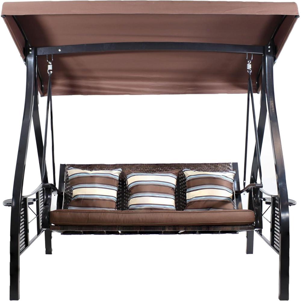 imageSunnydaze 3Seat Deluxe Patio Swing with Steel Frame and Canopy 600Pound Weight Capacity Maroon Cushions IncludedBrown StripeBlack Frame