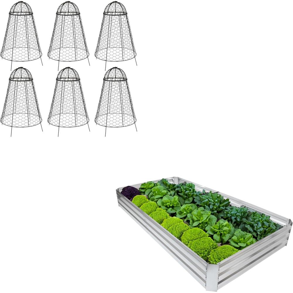 imageSunnydaze 4 x 8 ft Silver Galvanized Steel Rectangular Raised Garden Bed and 6Pack Chicken Wire Plant Protector Cages