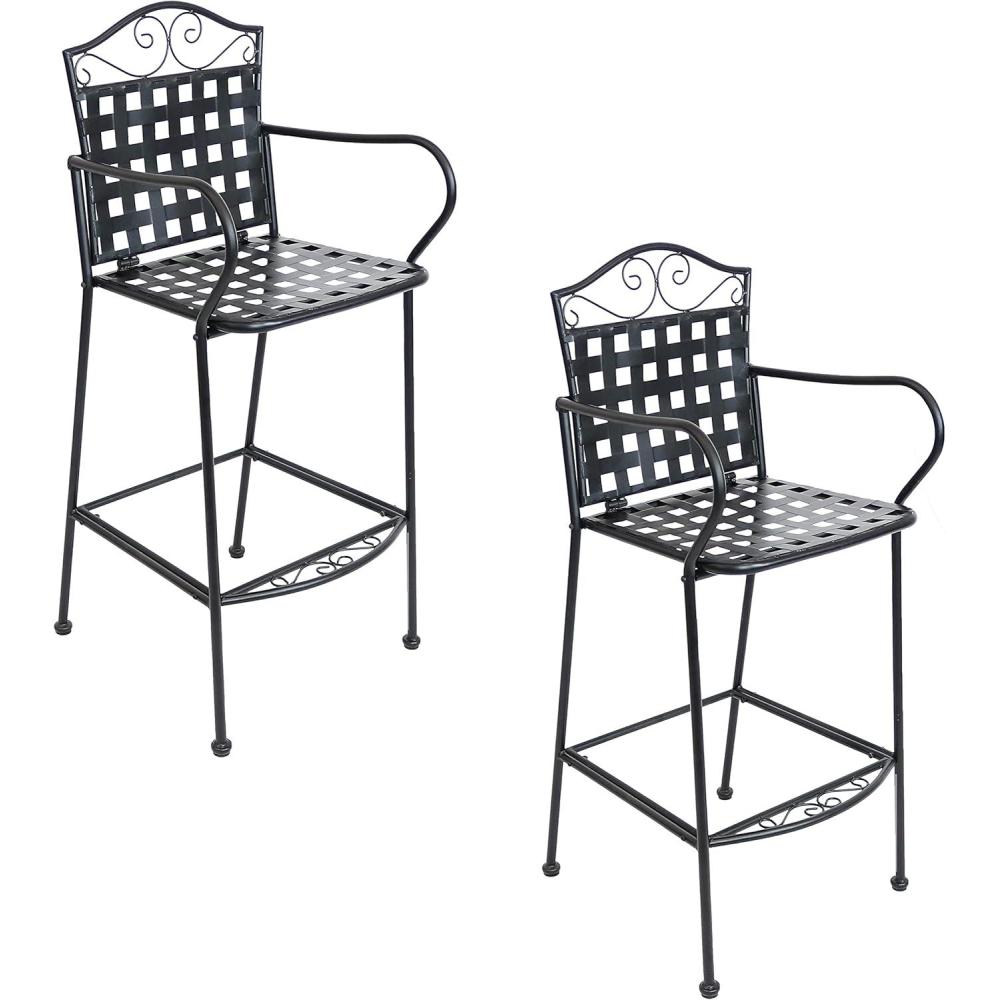 imageSunnydaze 475Inch H Wrought Iron Outdoor Bar Chairs with Scrolling Design  Set of 2  Black