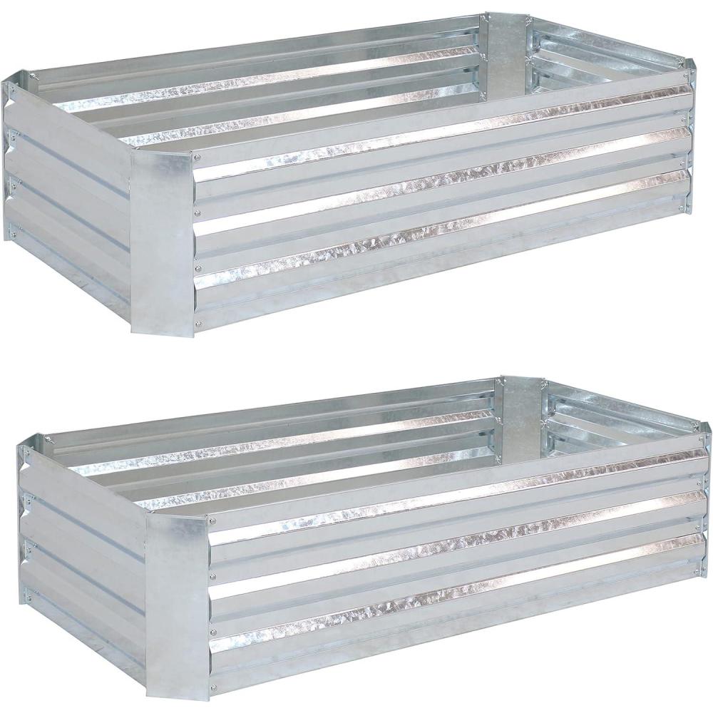 imageSunnydaze 48Inch Galvanized Steel Raised Garden Beds  Rectangle Planter for Vegetables and Flowers  Woodgrain  Set of 2Silver