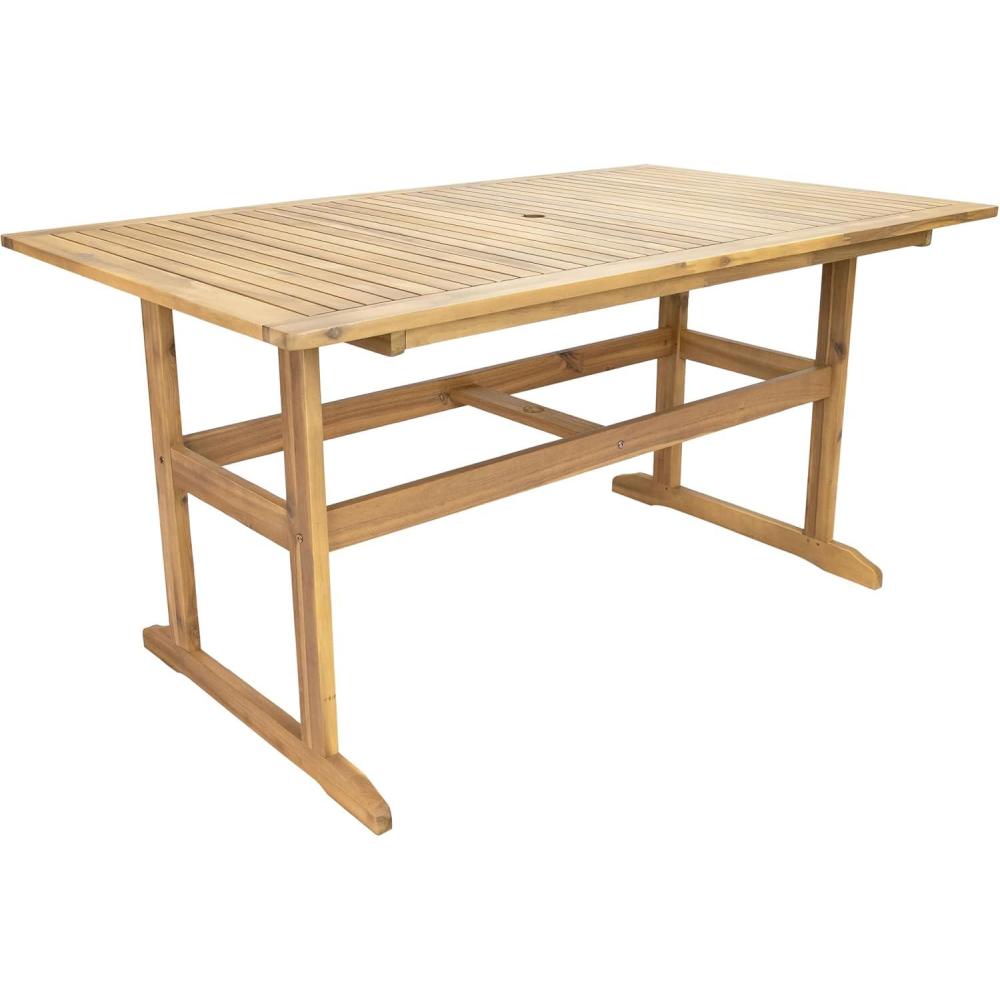 imageSunnydaze 57quot W Acacia Wood Outdoor Table for 6  Hatteras Outdoor Dining Table with Umbrella Hole for Patio  Rectangular  Solid Wood