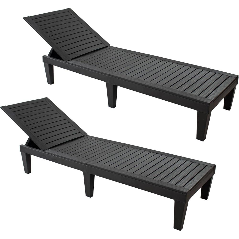 imageSunnydaze 5Position Outdoor Adjustable Chaise Lounge Chair UV and WeatherResistant Polypropylene Resin WoodLook Design Black Set of 22