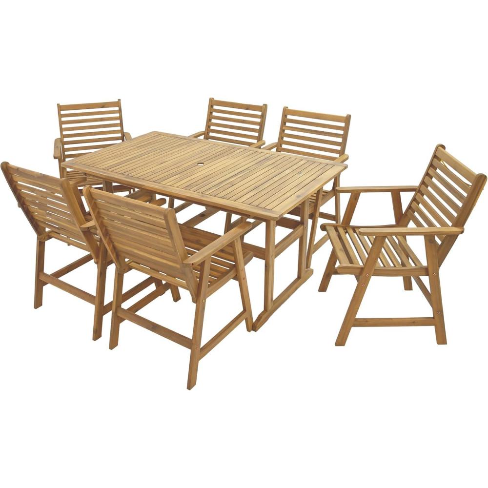 imageSunnydaze 7Piece Patio Dining Set for 6 Hatteras Acacia Wood Outdoor Dining Set with Umbrella Hole Outdoor Table and Chairs for 6