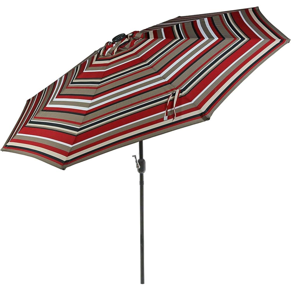 imageSunnydaze 9 ft Outdoor Patio Umbrella with Solar Lights  Polyester LED Table Market Umbrella with PushButton Tilt and Crank  BeigeAwning Stripe