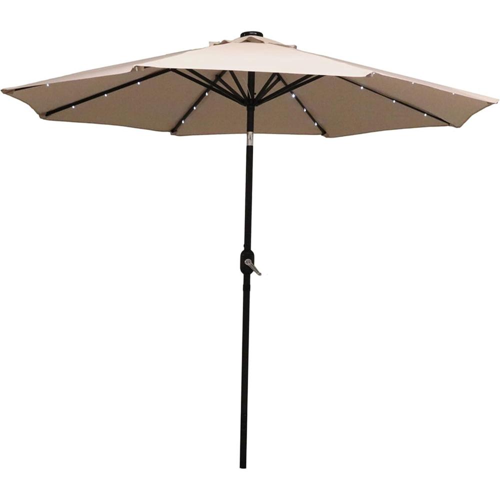 imageSunnydaze 9 ft Outdoor Patio Umbrella with Solar Lights Polyester LED Table Market Umbrella with PushButton Tilt and Crank BeigeBeige
