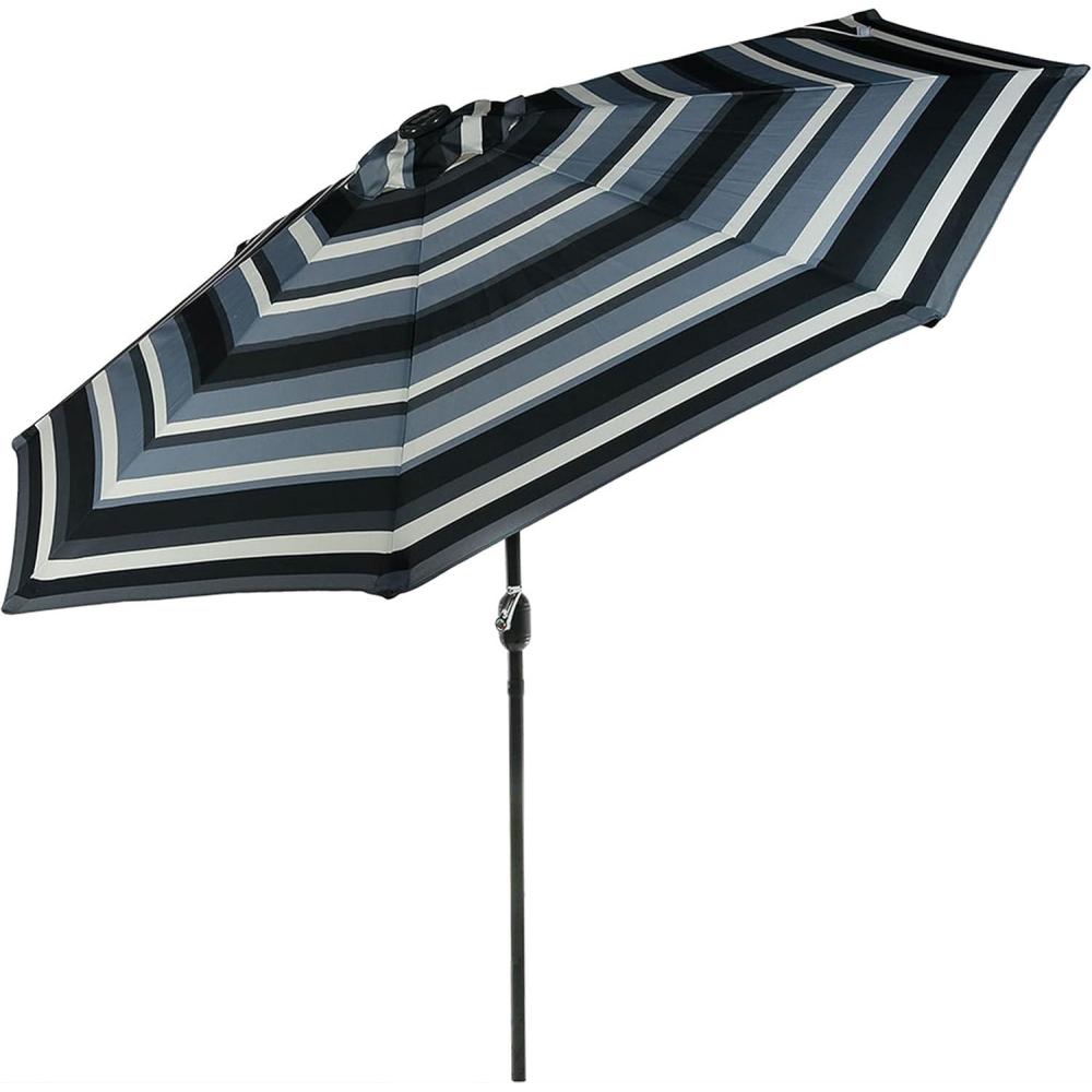 imageSunnydaze 9 ft Outdoor Patio Umbrella with Solar Lights Polyester LED Table Market Umbrella with PushButton Tilt and Crank BeigeCatalina Beach Stripe